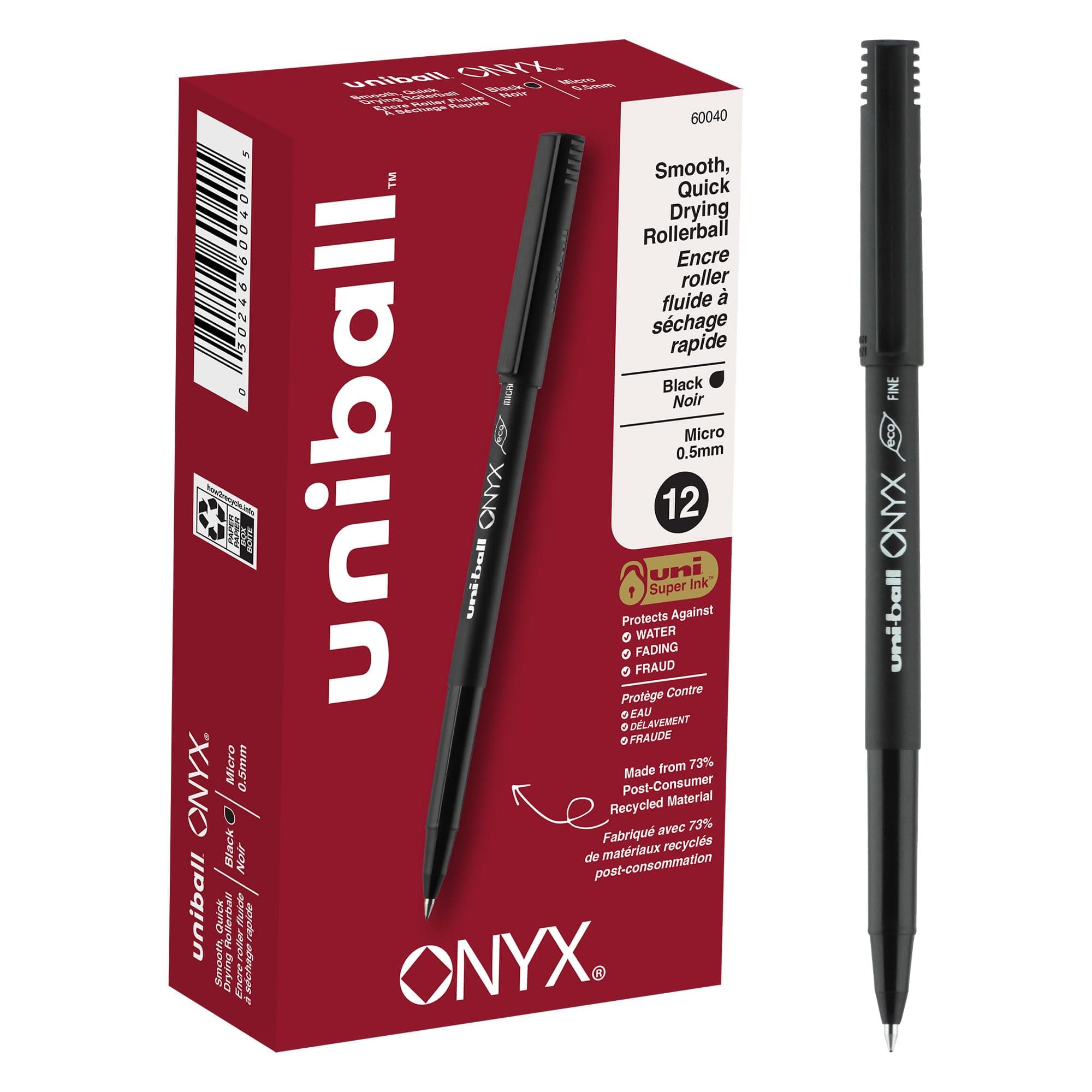 uni-ball Onyx Rollerball Pens Fine Point Micro Tip, 0.5mm, Black, 12 Pack