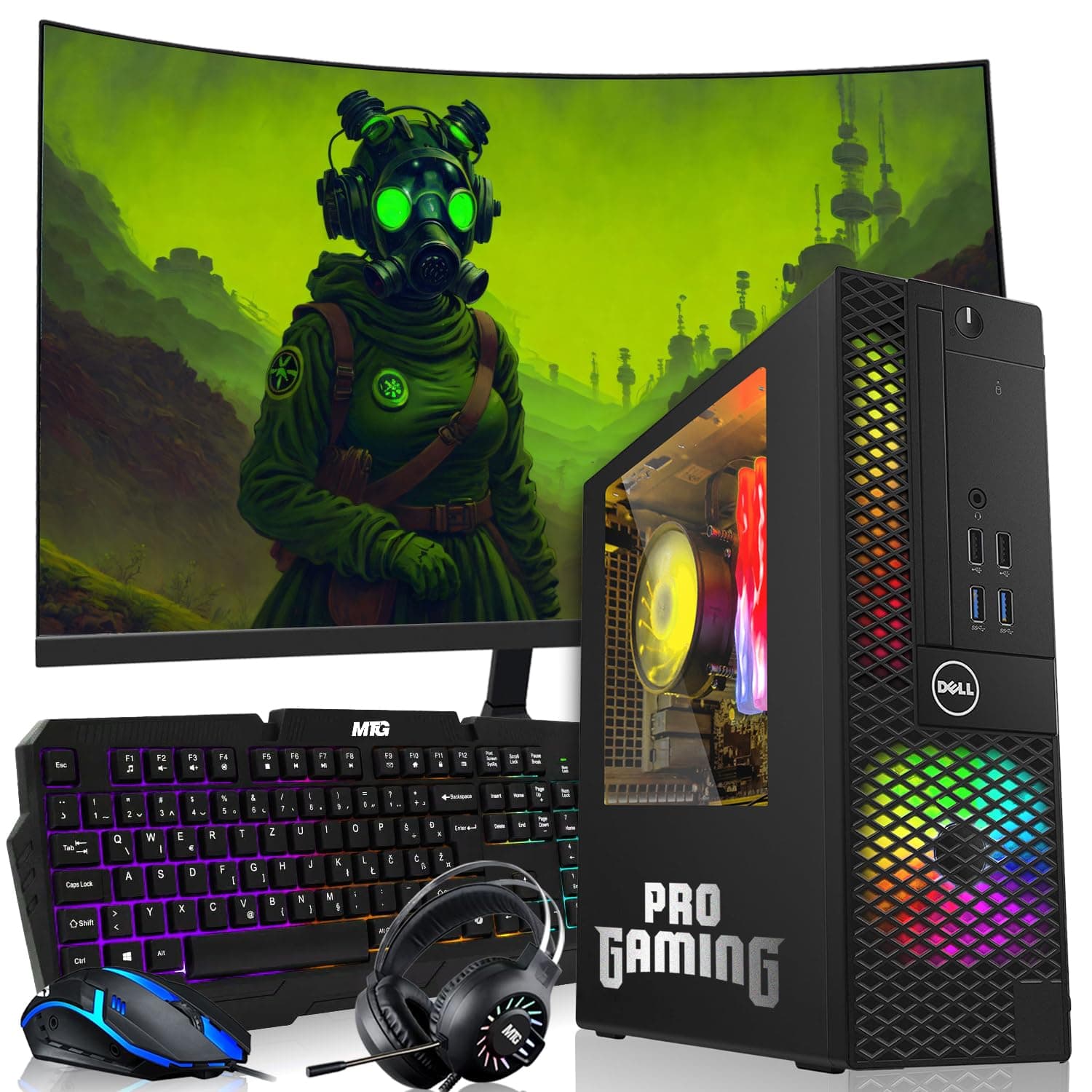 Dell OptiPlex Desktop PC – Intel Core i7, 32GB ARGB RAM, 2TB SSD, 32 Inch Curved Monitor, GT 1030 Graphics, RGB Keyboard with AI Copilot Key, Mouse & RGB Headphones, Windows 11 Home (Renewed)