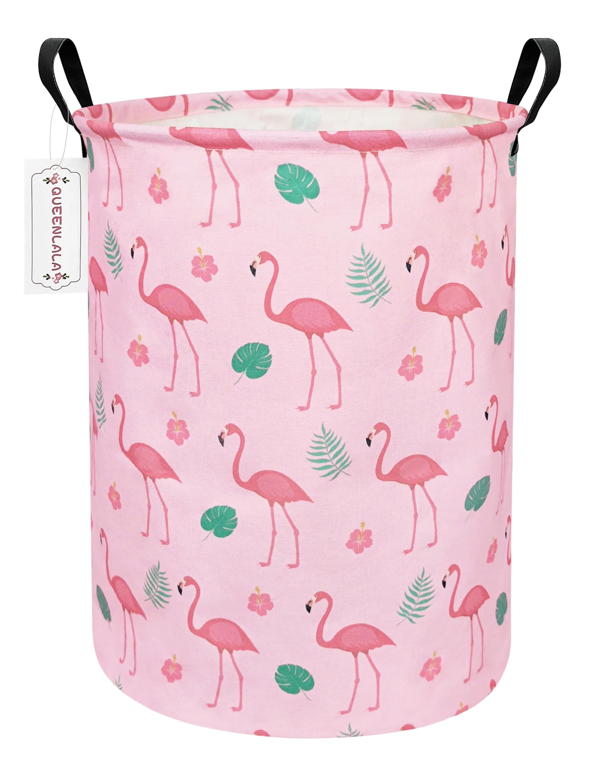 QUEENLALA Large Storage Basket,Collapsible Round Storage Bin,Laundry Hamper/Bathroom/Home Decor/Children Hamper/Boxes/Children Clothing (Round-Pink Flamingo)