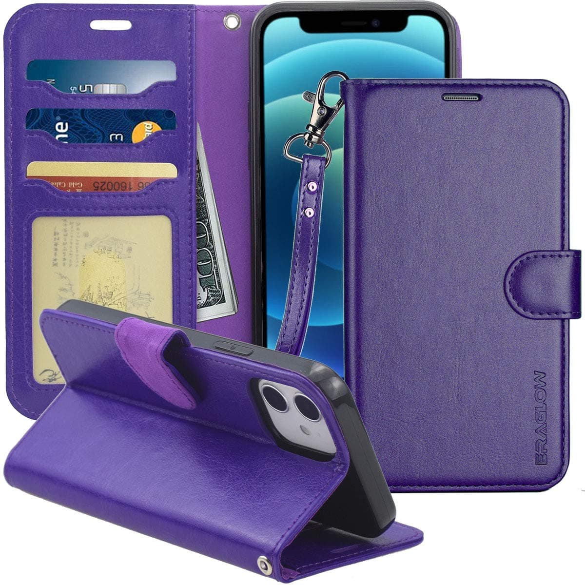 ERAGLOW for iPhone 6.1" case,PU Leather Wallet Case Flip Protective Phone Cover [Stand Feature] with Wrist Strap and [Card-Slots] ID&Credit Cards Pocket for iPhone 6.1"(Purple)