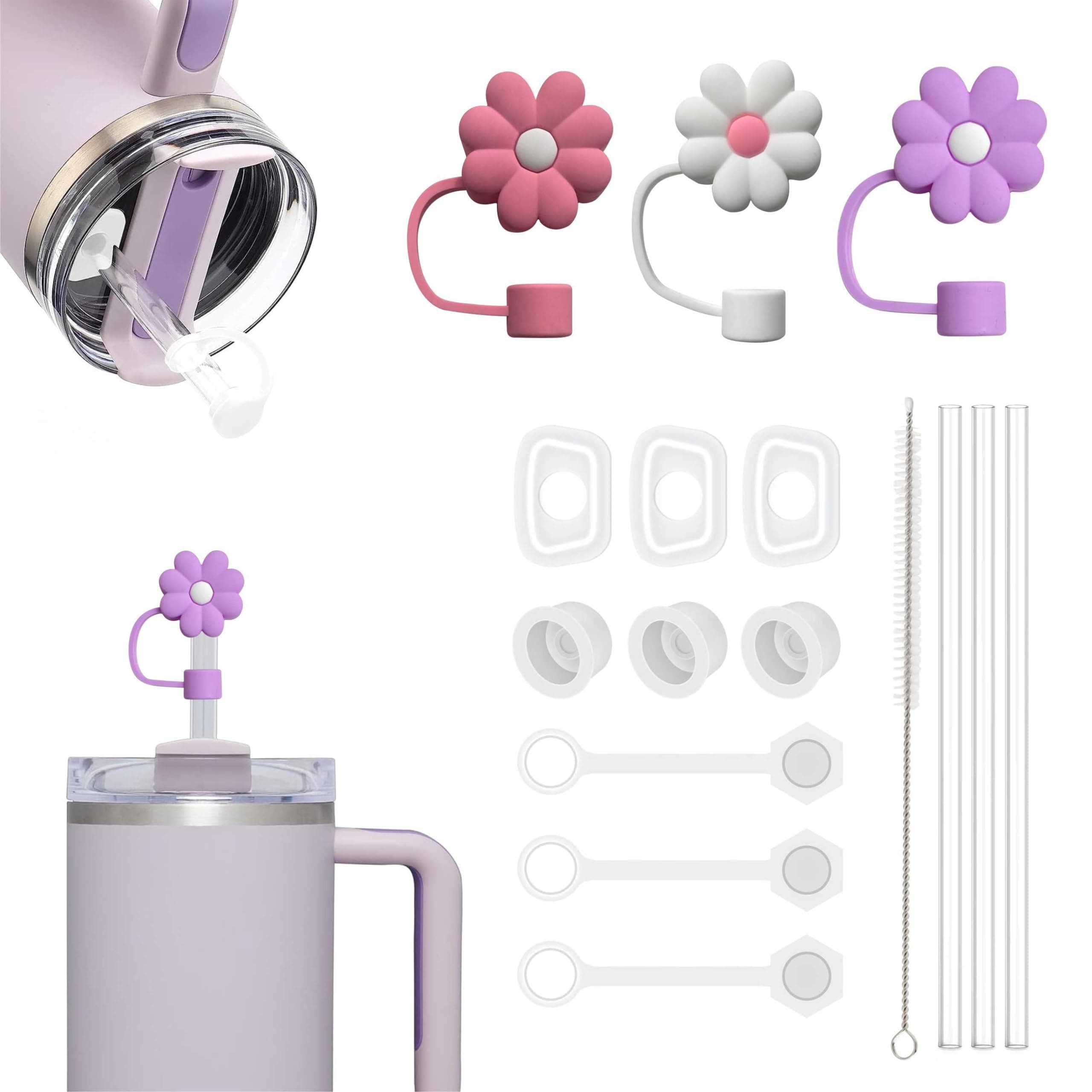 Stanley Cup Accessories Set Including 9 Pcs Silicone Spill Proof Stopper,3 Pcs Cute Straw Cover Cap for 9-10 mm Straws, 3Pcs Reusable Straw and 1 Cleaning Brush for Stanley Cup 40oz & 30oz