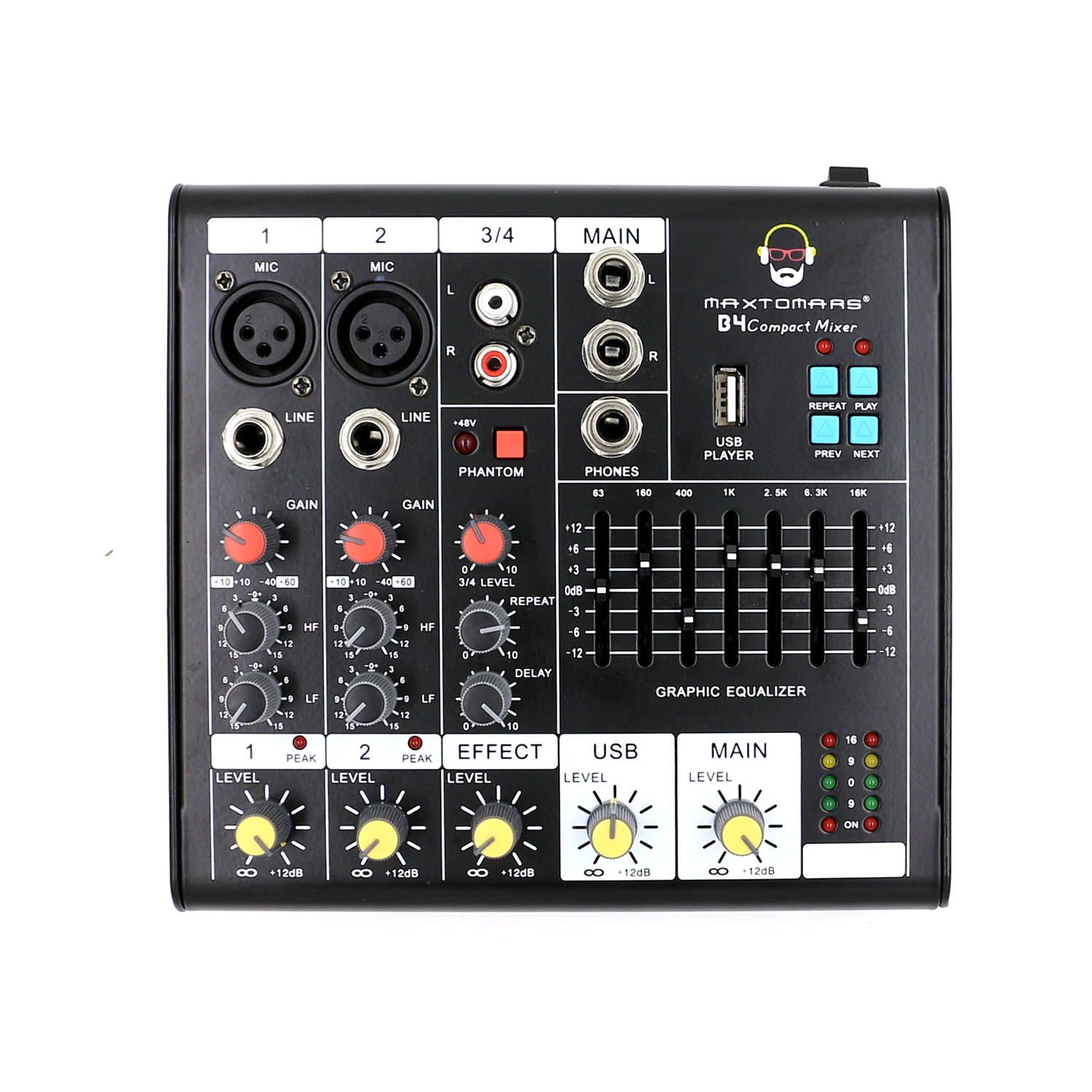 B4 4-Channel Mixer with USB Player, Graphics EQ, Mono Mic / Line & Stereo Mixer