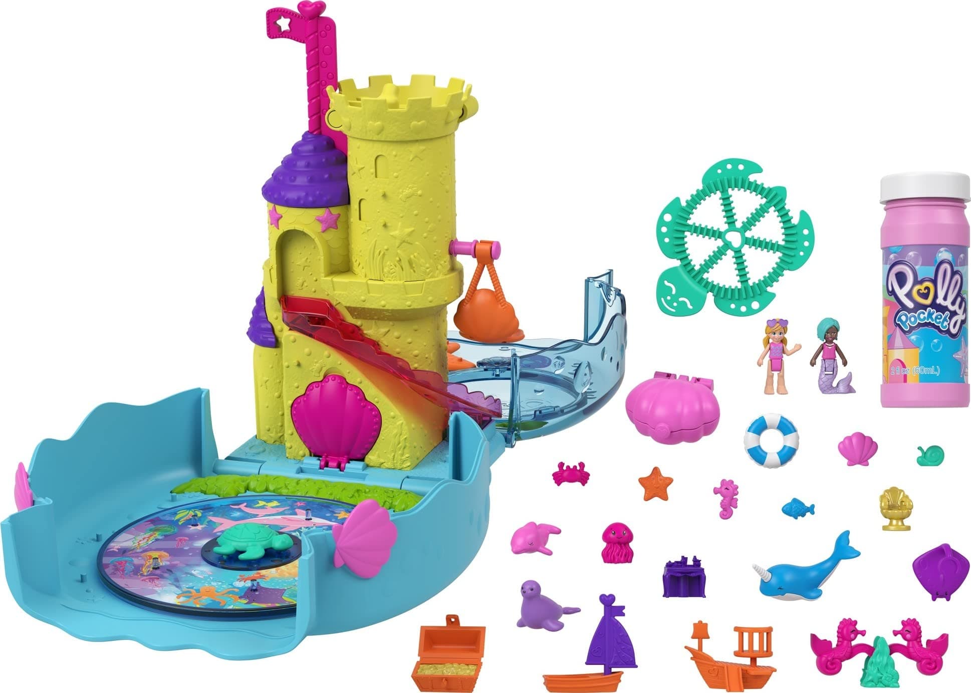 Bubble Aquarium with Underwater Theme, 2 Bubble-Making Features, Pool, Micro Polly & Mermaid Doll, Bubble Solution & 18 Accessories, Pop & Swap Feature, for Ages 4 Years Old & Up