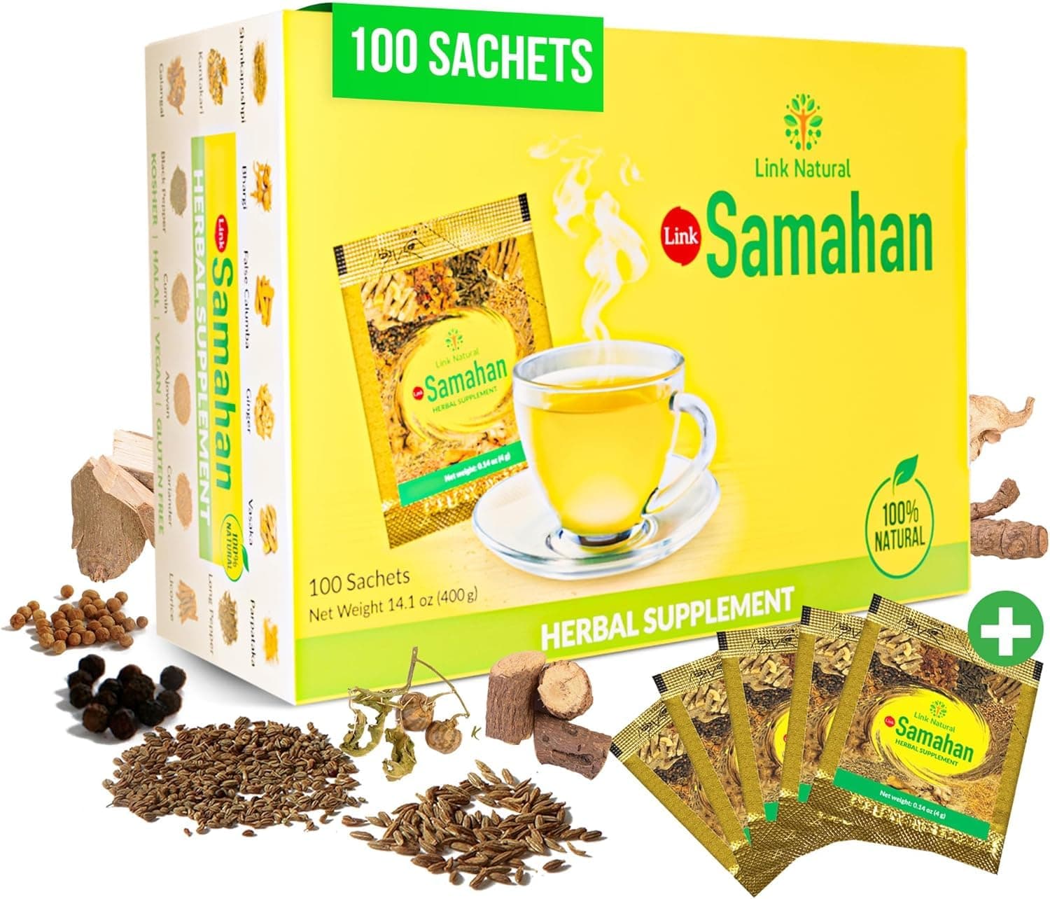SAMAHAN Ayurvedic Herbal Tea Packets - Sri Lankan Ceylon Blend with 14 Natural Herbs Including Ginger, Black Pepper & More, Herbal Tea Bags for Wellness, Relaxation & Daily Comfort - 100 Count