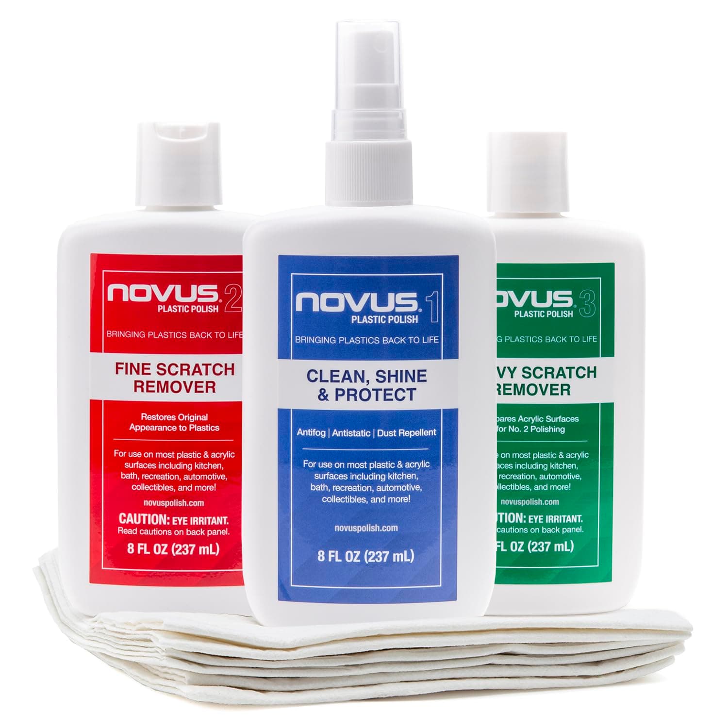 NOVUS-PK1-8 | Plastic Clean & Shine #1, Fine Scratch Remover #2, Heavy Scratch Remover #3 and Polish Mates Pack | 8 Ounce Bottles