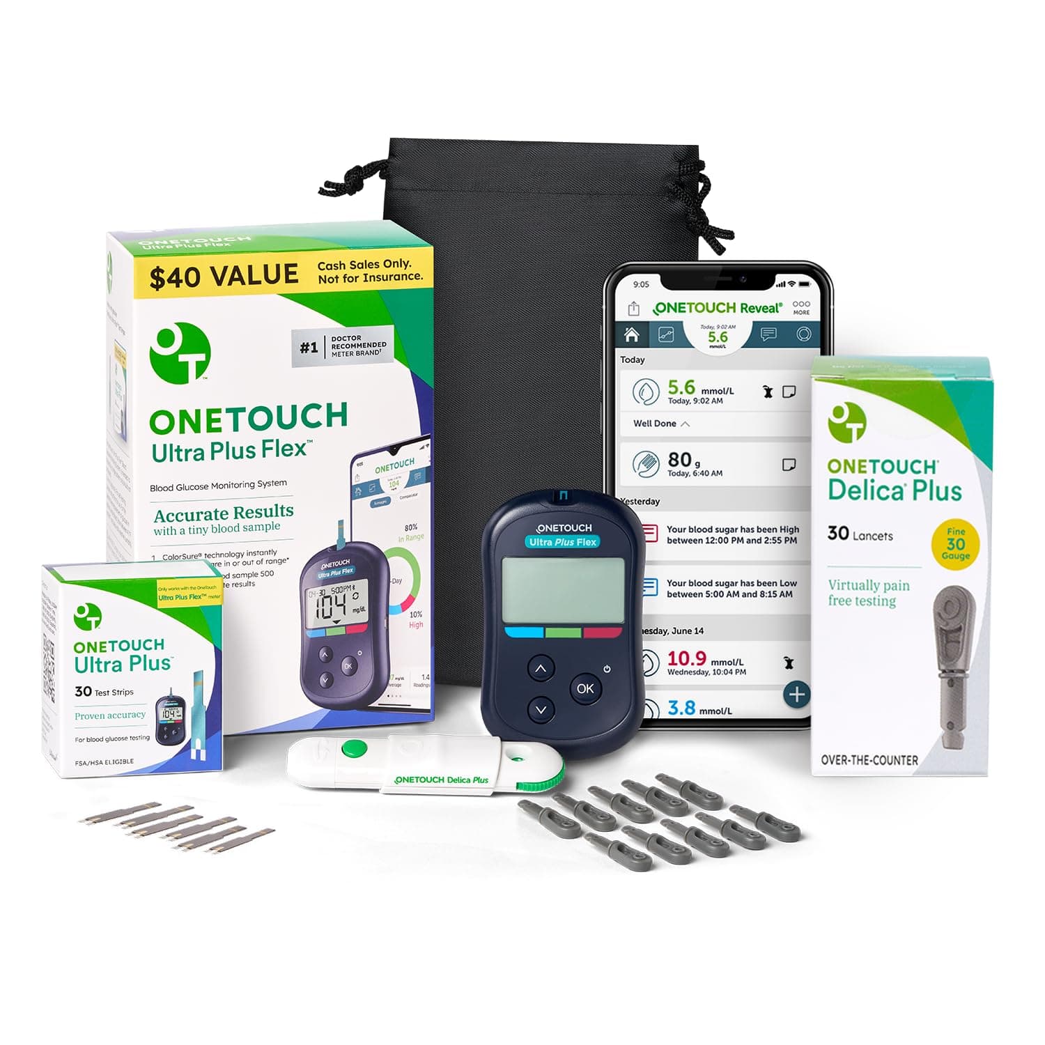 OneTouch Ultra Plus Flex Value Diabetes Testing Kit | Blood Sugar Test Kit Includes 1 Blood Glucose Meter, 1 Lancing Device, 30 Lancets, 30 Diabetic Test Strips, & Carrying Case