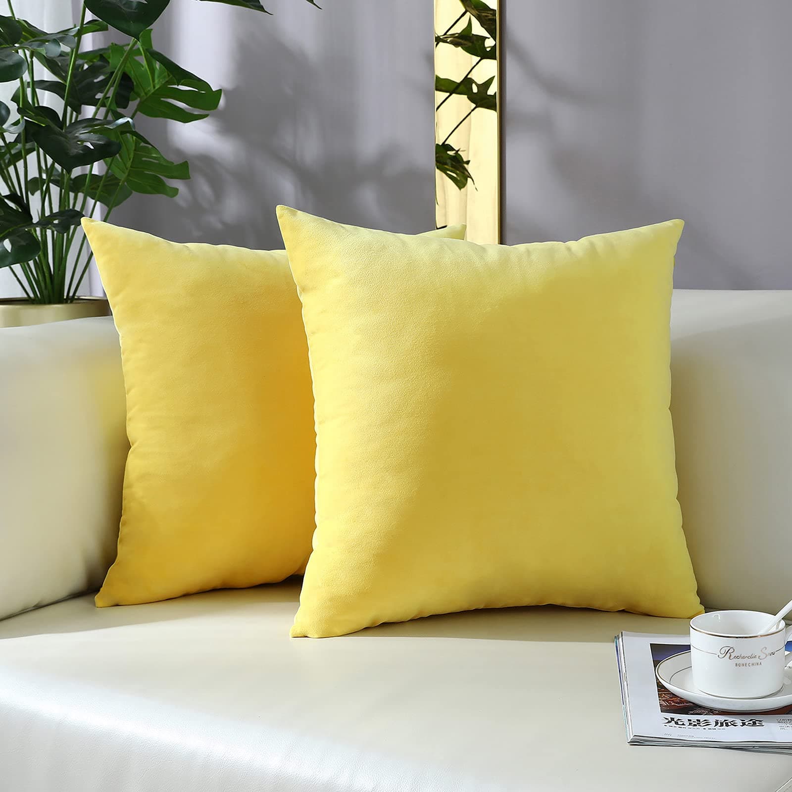 mixeoo Comfy Lemon Yellow Throw Pillow Covers Decorative Square Solid Velvet Cushion Cases Home Decor for Sofa Couch, Set of 2, 20 x 20 Inch
