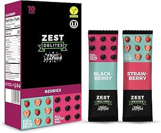 Zest Delites Fruit Leather, Healthy Snacks for Adults, Sugar Fleece Snacks for Kids, Fruit Rolls, 100% Natural, All by itself, Fruit Bar Multipack, Snack Box, Black & Strawberry 0.88oz x 10