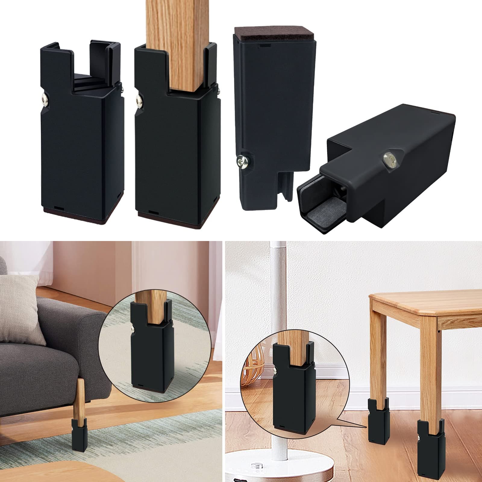 WUSHENG 4PCS Bed Risers with Adjustable Srew Clamp 4 Inch Height Furniture Risers Leg Extenders Bed Lifts Heavy Duty Sofa Table Desk Chair Risers, Support 20,000 lbs
