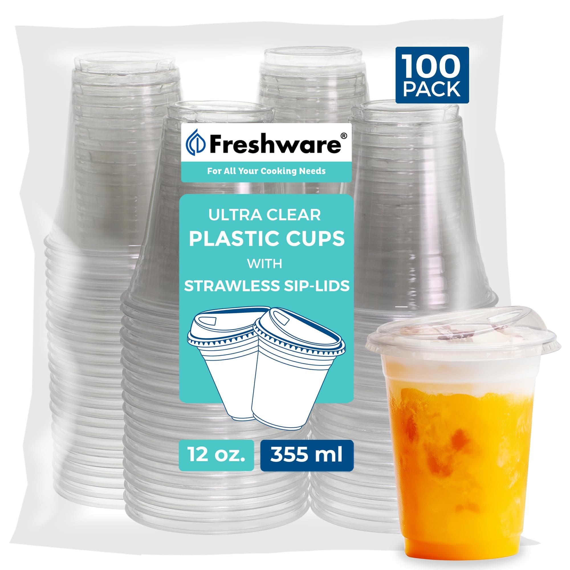 Freshware Clear Plastic Cups with Strawless Sip Lids [100 Cups - 12 oz] Disposable Tumblers for Iced Coffee, Smoothie, Milkshake, Cold Drinks