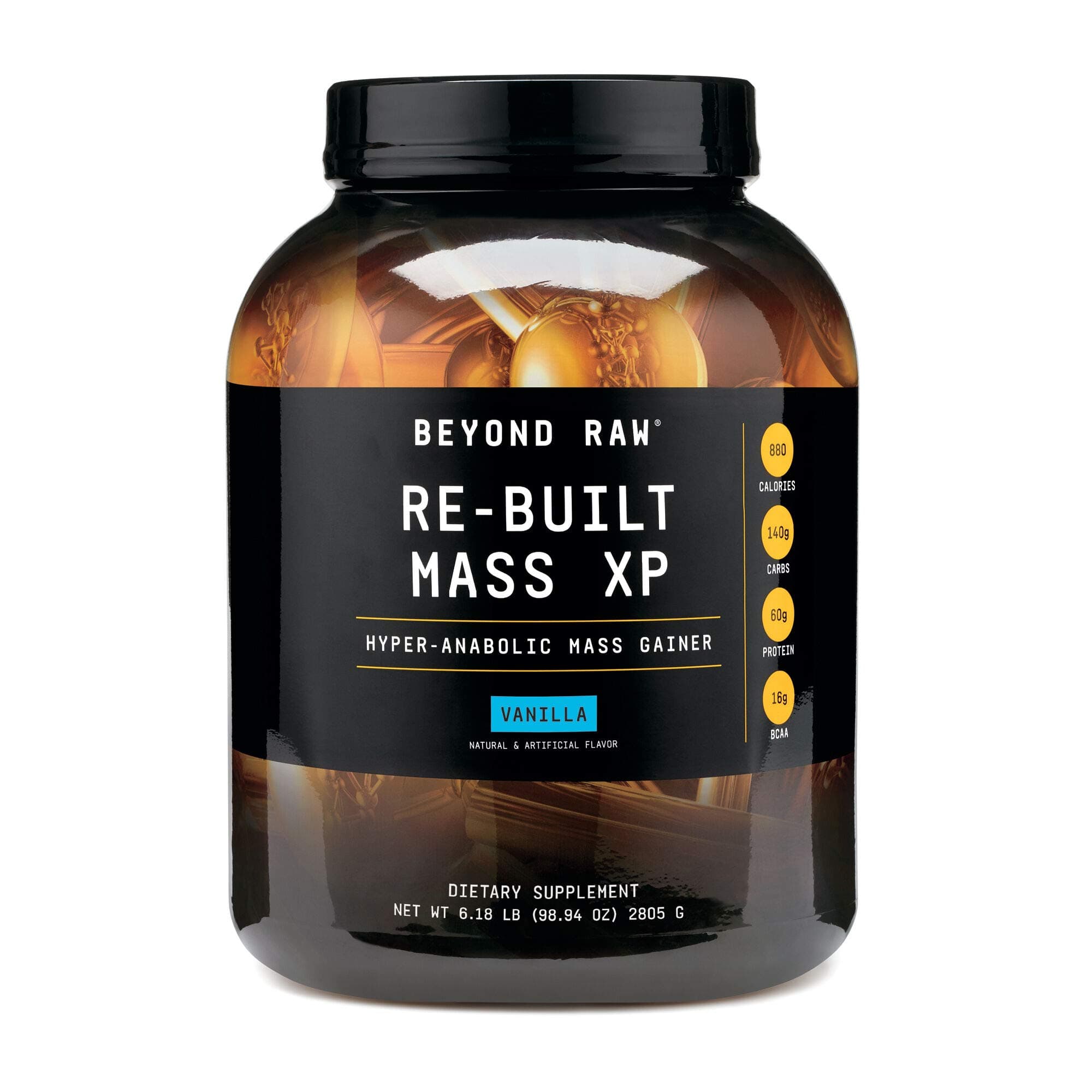 Beyond Raw Re-Built Mass XP Hyper-Anabolic Mass Gainer Protein Powder | Vanilla | 11 Servings | 880 Calories, 60g Protein, 140g Carbs with Creatine and BCAA