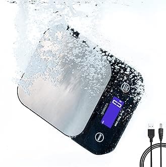 BOMATA IPX7 Waterproof Food Scale, 1g/10kg, Rechargeable, Submersible, Grams and Ounces for Cooking Baking Weight Loss, 1g/0.05oz Precise Graduation, Wide Viewing Angle LCD, Stainless Steel…