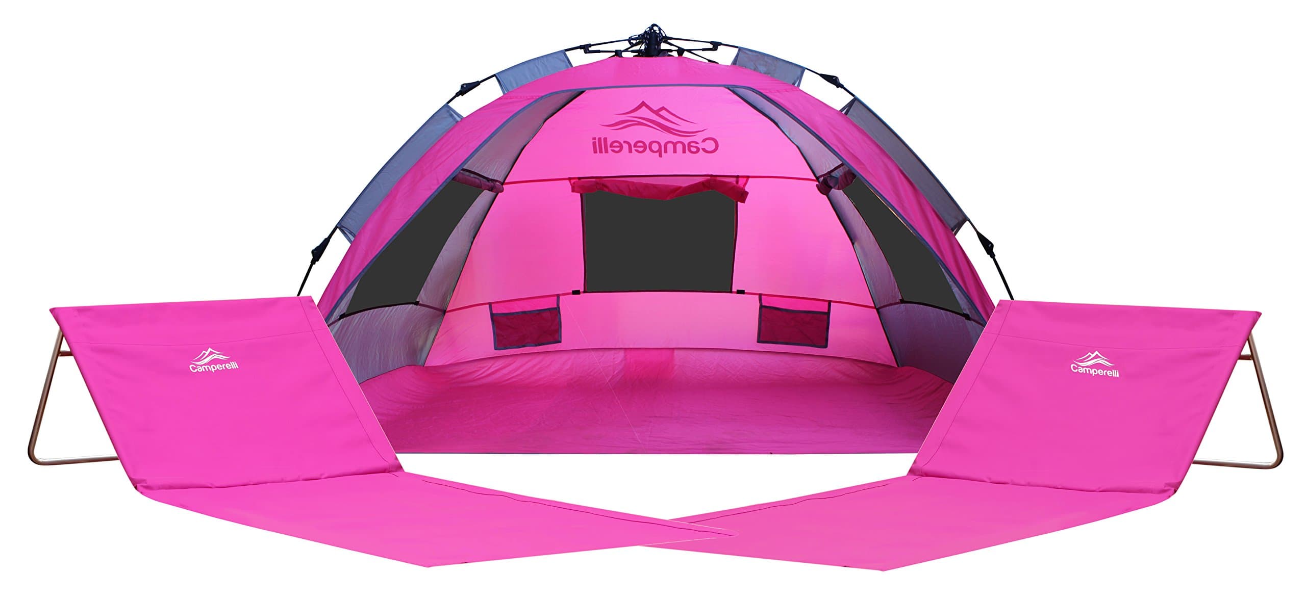 Camperelli Beach Tent Bundle: 3 Items: 1x Large Beach Tent Sun Shelter/Beach Umbrella (83" L x 55" W x 45" H) 2X Fold-up Beach Chairs (5 Colors to Choose from - Blue, Green, Pink, Red & Light Blue)