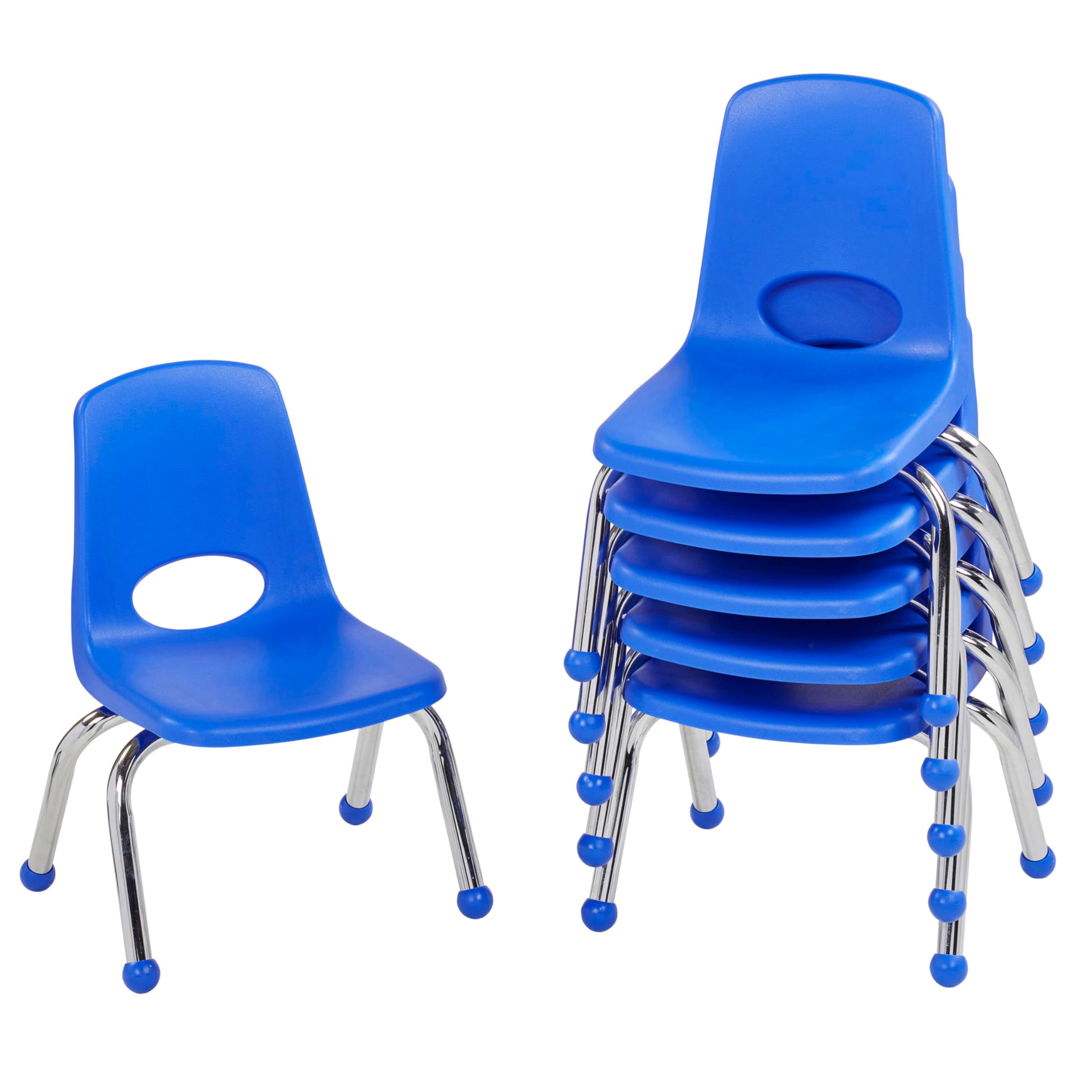 FDP 10" School Stack Chair, Stacking Student Seat with Chromed Steel Legs and Ball Glides; For In-Home Learning or Classroom - Blue (6-Pack), 10355-BL