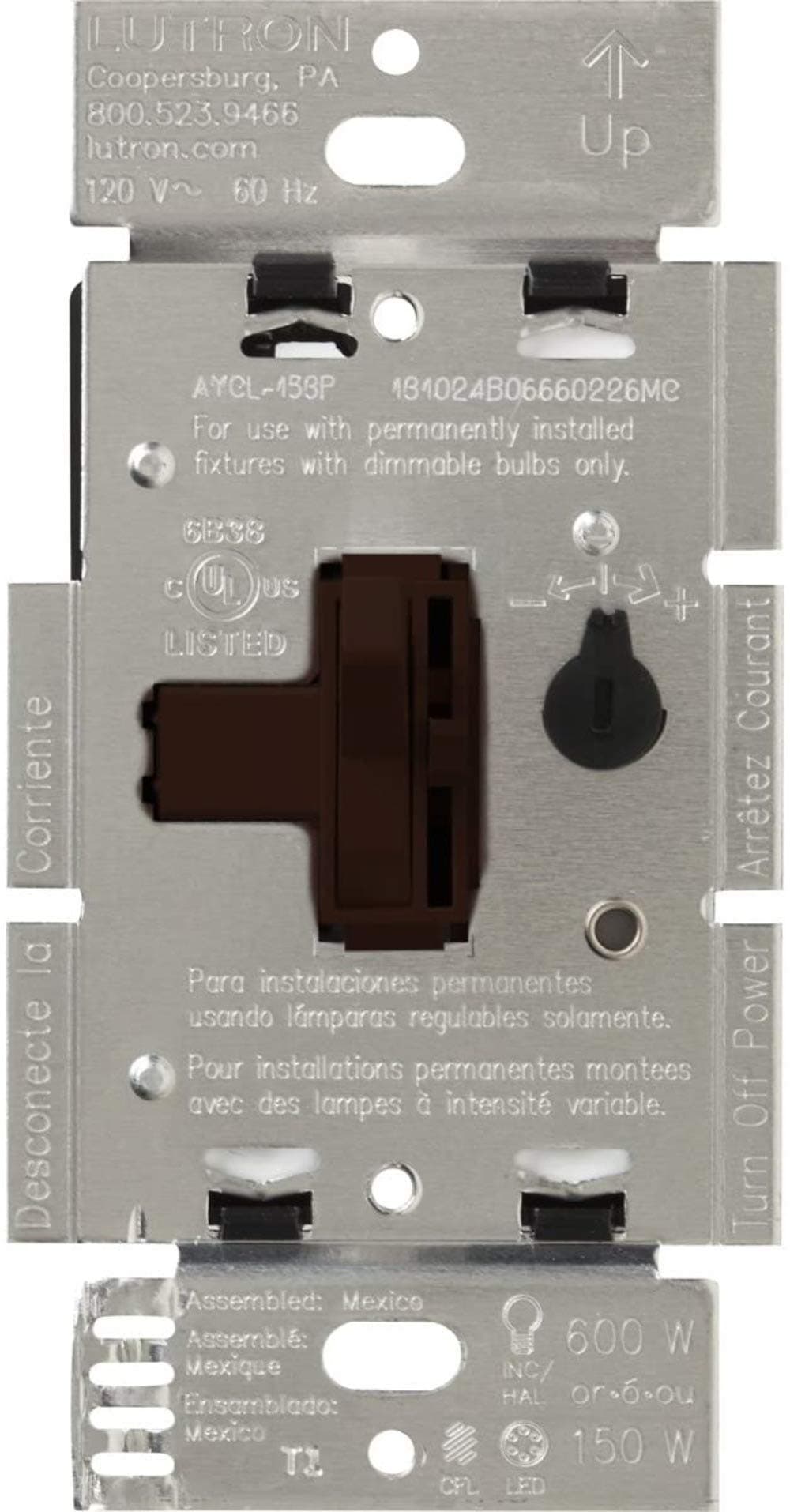 Ariadni/Toggler LED+ Dimmer Light Switch for Dimmable LED, Halogen and Incandescent Dimmer Switch, 150W, Single-Pole/3-Way, AYCL-153P-BR, Brown