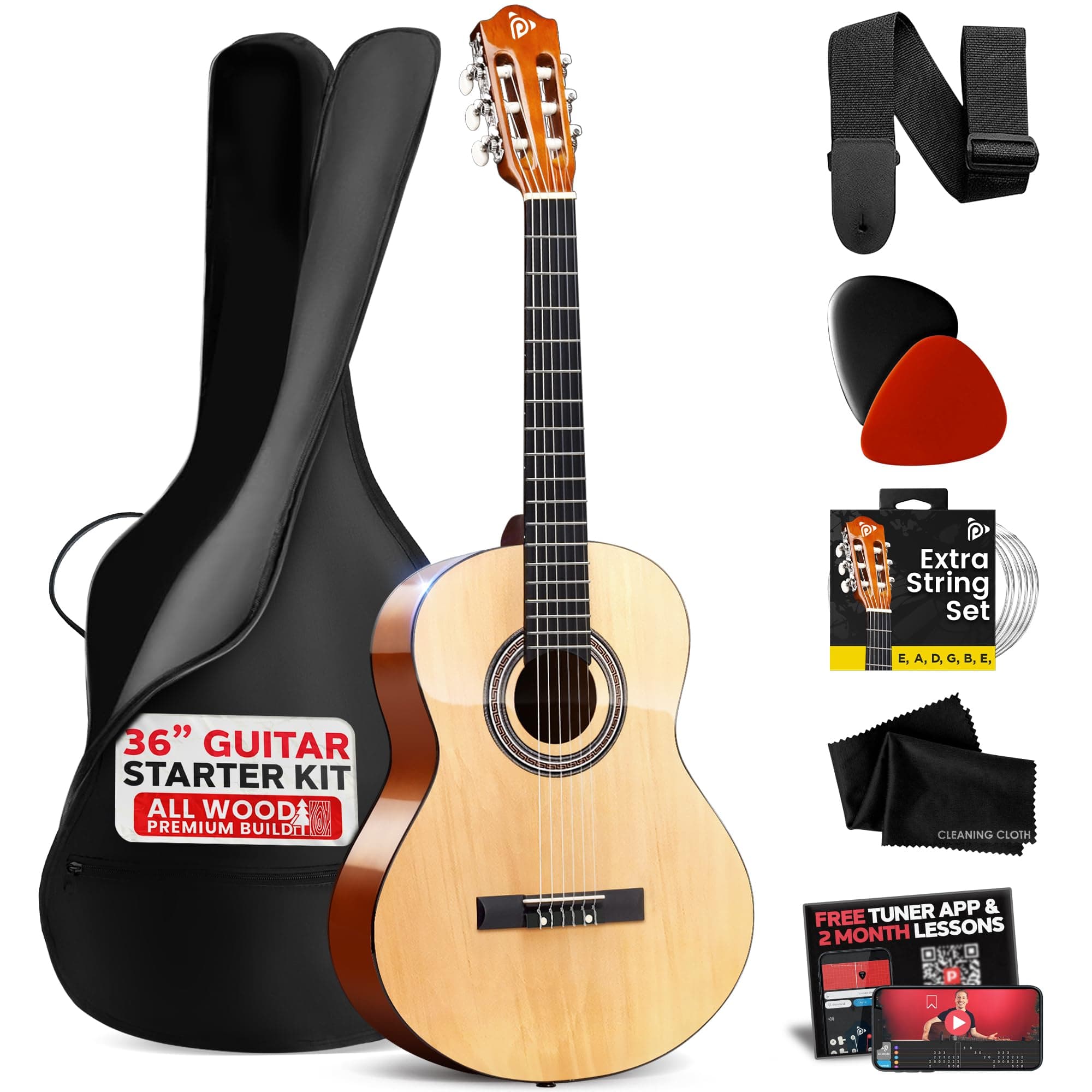 Pyle Beginner Acoustic Guitar Kit, 3/4 Junior Size All Wood Instrument with Full Accessory Kit, Picks, Shoulder Strap, Carry Case, Cleaning Cloth, Tuner App, 2 Month Lessons, 36” (Ash Gloss)
