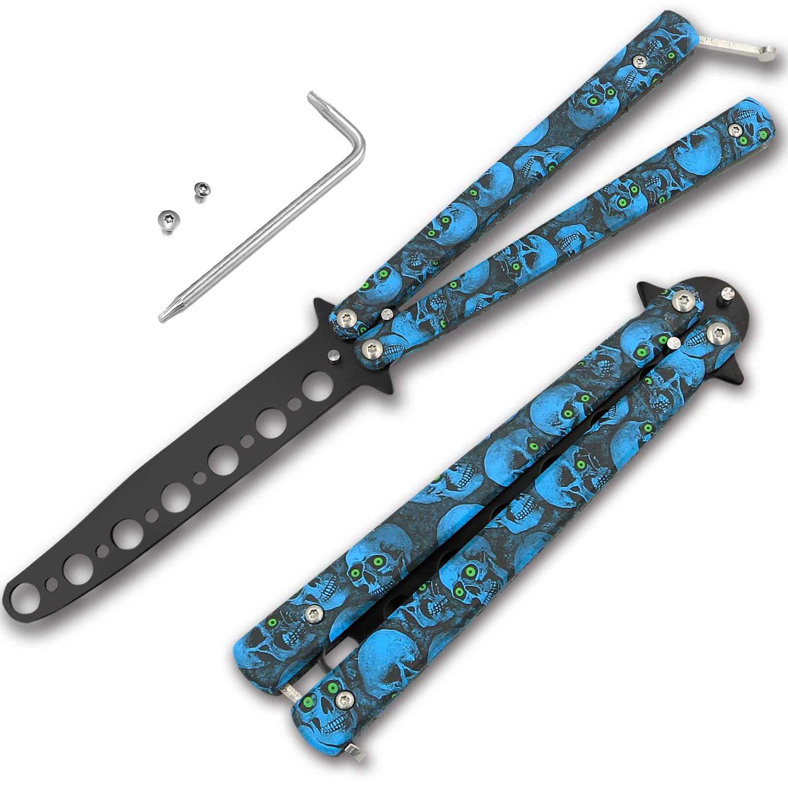 Practice Finger Training Tool, 1 Pack Unsharpened Folding Cool Skull Metal Steel Balisong Trainer for Practicing Flipping Tricks, Safe for Beginner Kids Men CSGO