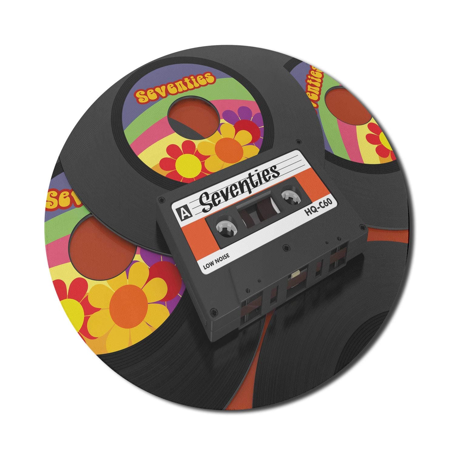 Ambesonne Mouse Pad for Computers, Compact Cassette Player and Some Vinyl Records with Retro Text 70s Non-Slip Thick Modern Round 8" Dark Grey Multicolor
