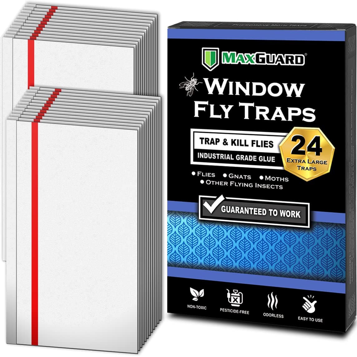 MaxGuard Window Fly Traps (24 XL Traps) Catch & Kill Houseflies, Flying Insects & Bugs. Non-Toxic Sticky Glue Traps Fly Killer Clear Strip Insect Catcher Safe No Zapping with Zapper |