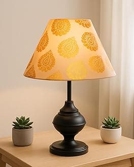Homesake ® Metal Bedside Table Lamp With Fabric Shade|E27 Holder,Urn,Bedroom Light|Incandescent Desk Lamp,Night Lamp,Office,Nightstand,For Living Room Decor,Study Room,Kids Room (Golden Floral)