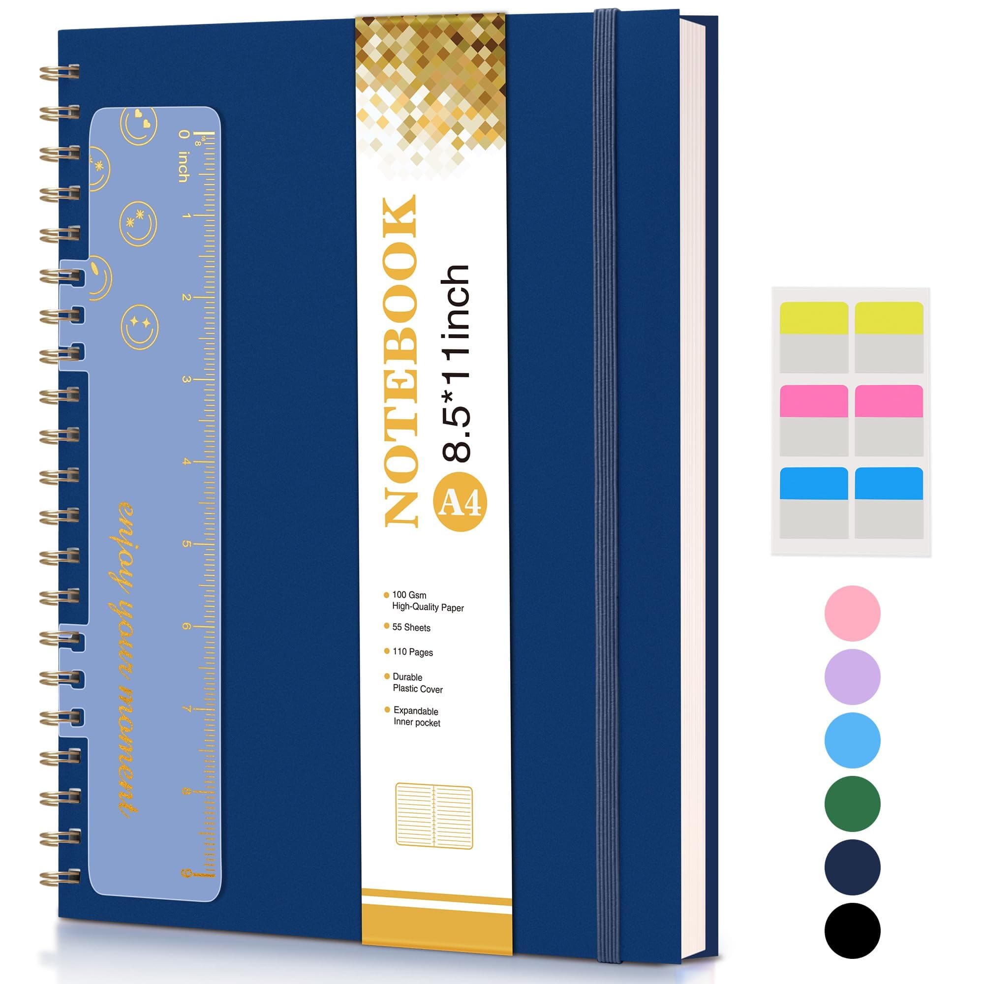 Spiral Notebook Journal 8.5” x 11”, A4 Large Notebooks for Women Men, College Ruled Lined Journal, 100 GSM Paper, Plastic Hardcover Spiral Bound Journals for Work School Note Taking Business, Navy