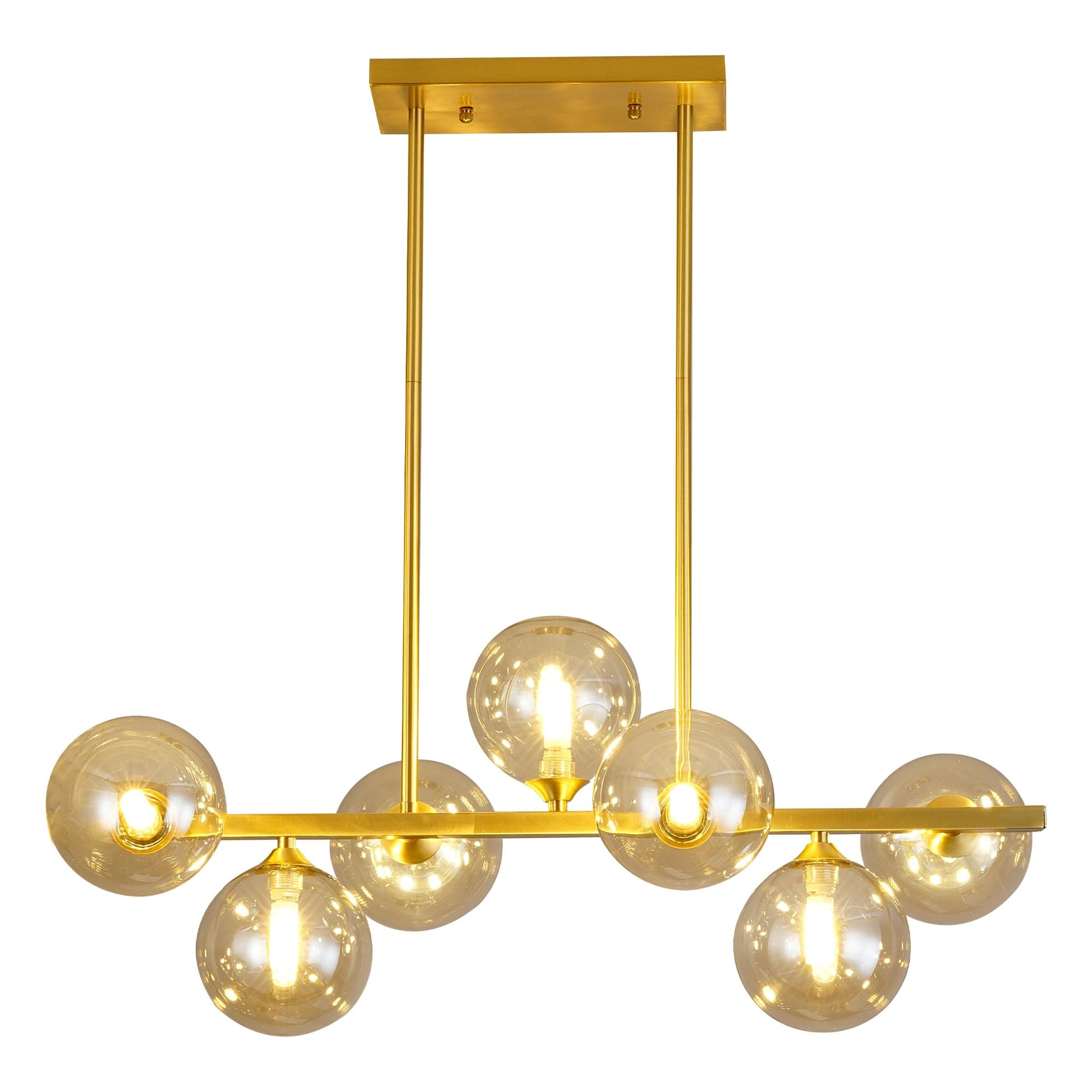 Dining Room Light Fixture Over Table, 7-Light Gold Kitchen Island Lighting with Amber Glass Globe, Adjustable Height Linear Chandelier Pendant Lighting for Dining Room Kitchen