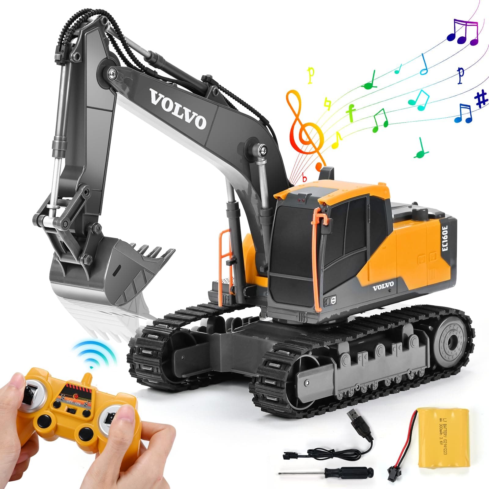 DOUBLE E Volvo Licensed Remote Control Excavator RC Excavator Toy for Kids Full Function Construction Toy with Metal Shovel for Outdoor Play 1/26 Scale Sandbox Digging Toy Boy Gift