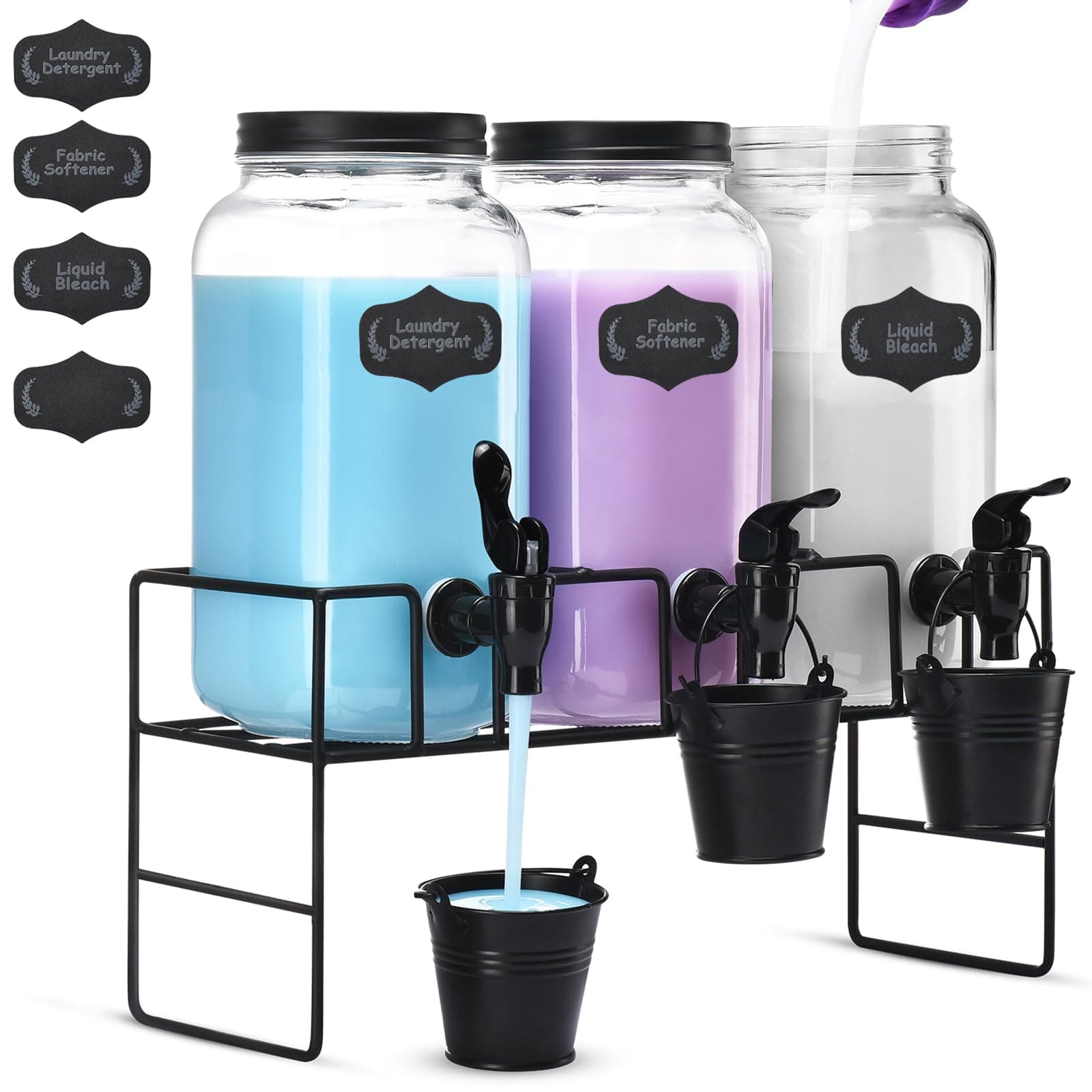 Liquid Laundry Detergent Dispenser, Three 2.2L Laundry Detergent Dispenser Glass Jar for Liquid Detergent, Fabric Softener- Laundry Soap Dispenser for Laundry Room Organization