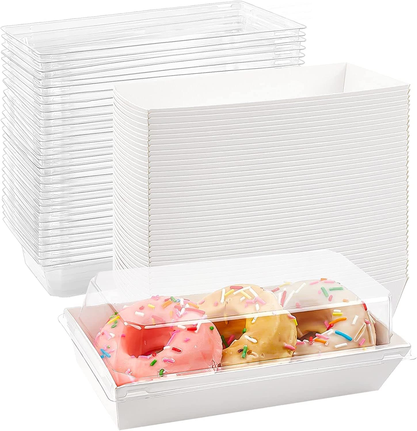 50 Pack Paper Sandwich Boxes with Clear Secure Lids, Paper Charcuterie Boxes, 19 cm Long White Disposable Food Containers Bakery Boxes for Desserts, Strawberries, Cake Slice and Cookies