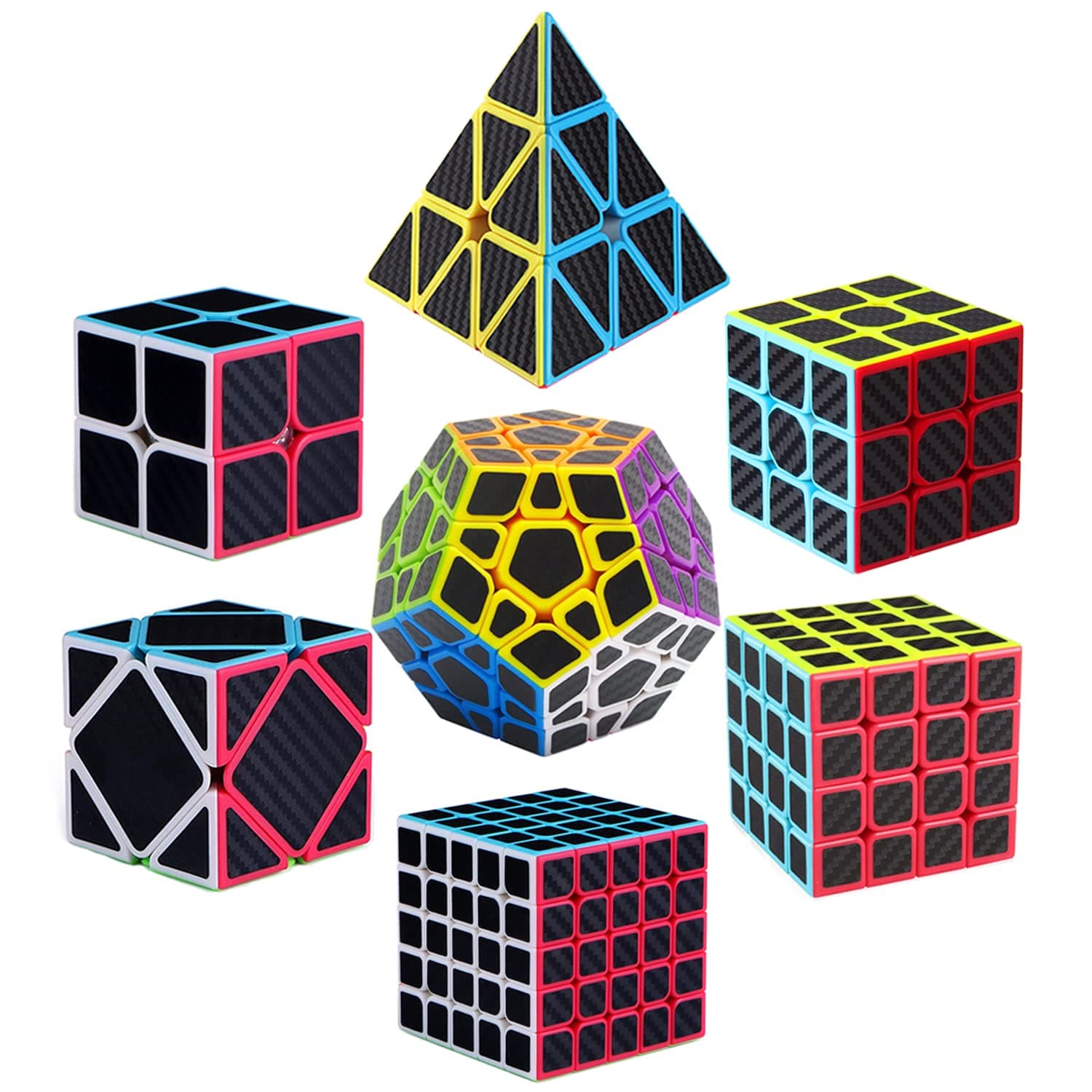 Roxenda Speed Cube Set, Speed Cube Pack of 2x2 3x3 4x4 5x5 Megaminx Skew Cube and Pyramid Cube Carbon Fiber Sticker Smoothly Magic Cubes Collection for Kids Teens & Adults [7 Pack]