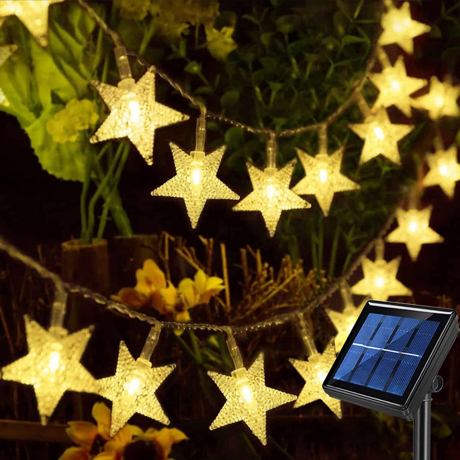 Solar String Lights Outdoor, Solar Powered Star Lights, 30ft 50LED 8 Modes Waterproof Christmas String Lights for Gardens Patio Landscape Xmas Tree Decorations(Warm White)