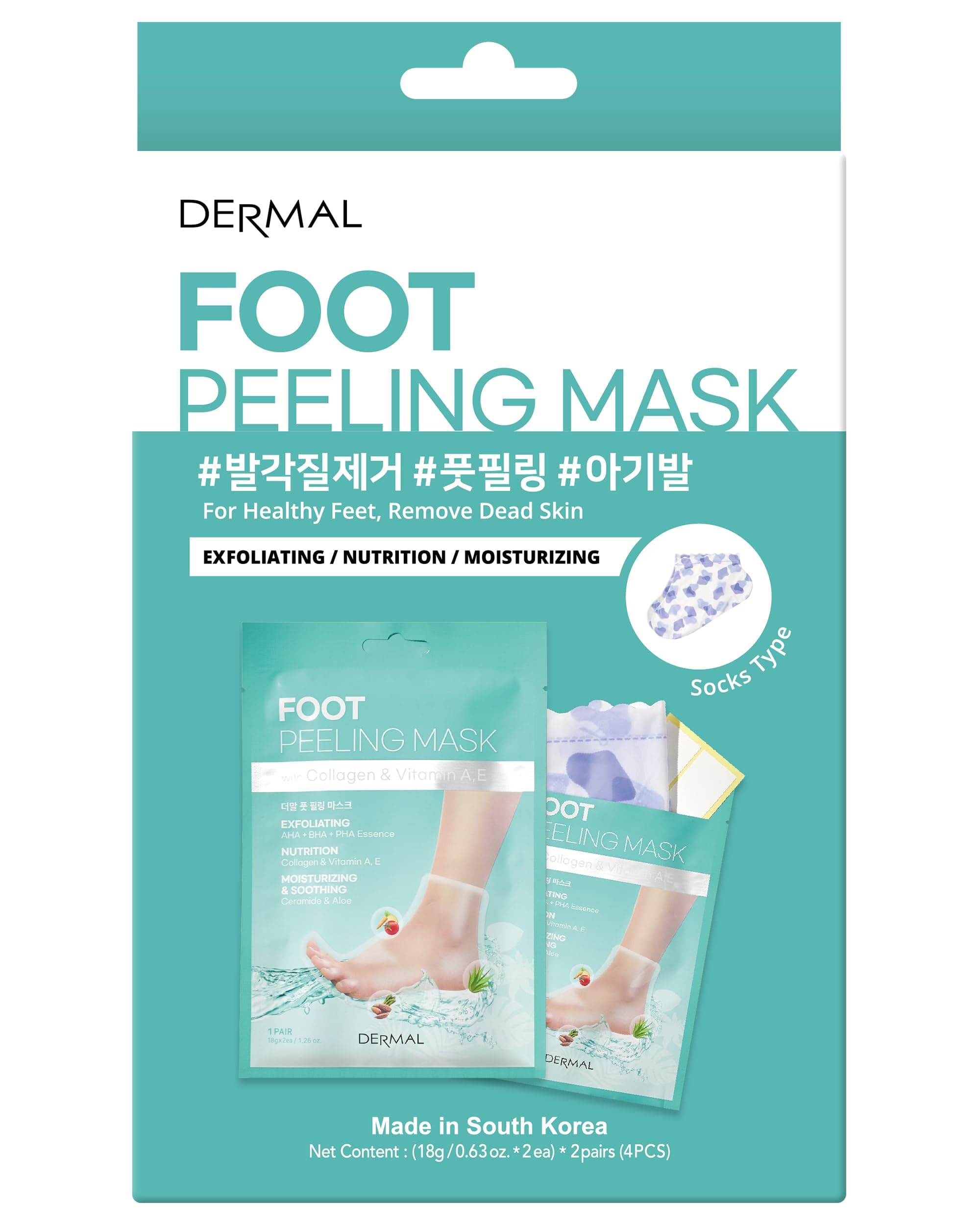 DERMAL KOREA Foot Peeling Mask 2 Pack For Dry Foot And Cracked Heel & Callus With Aloe Vera And Collagen - Exfoliating Peel Mask With Aha, Bha, & Pha And For Moisturizing, Soothing & Refreshing Feet