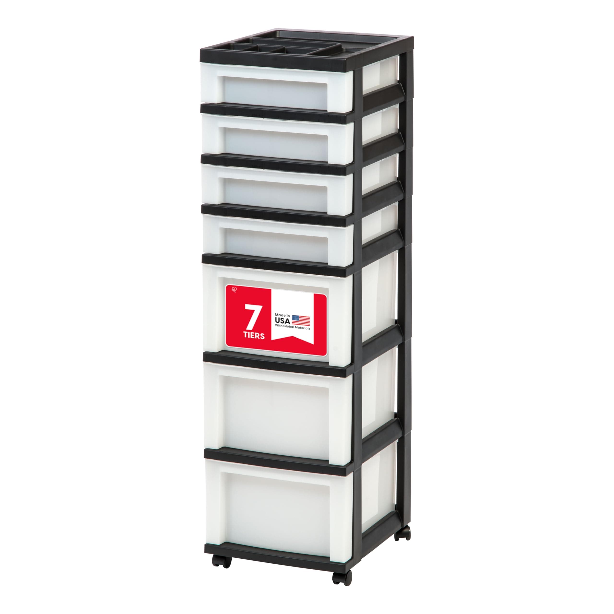 Plastic Drawer Storage Organizer Rolling Cart, with Wheels Casters, 7-Drawers, for Classroom Art Craft Supplies Dresser Closet Bathroom Laundry Room, Black/Pearl