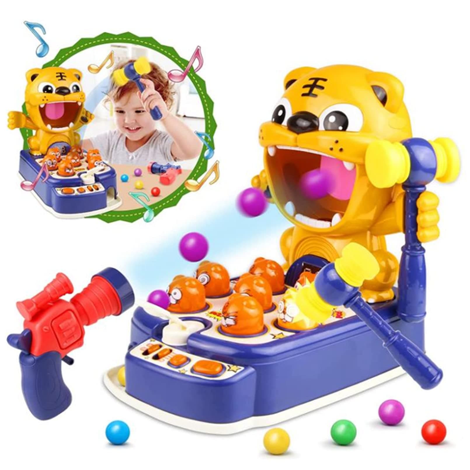 AM ANNA Whack A Tiger Mole Game, Mini Arcade Game Hammering Pounding Toys with Toy Gun and Hammers, Interactive Early Educational Toys for Kids, Target Shooting Toddler Toys with Music Lights (Blue)