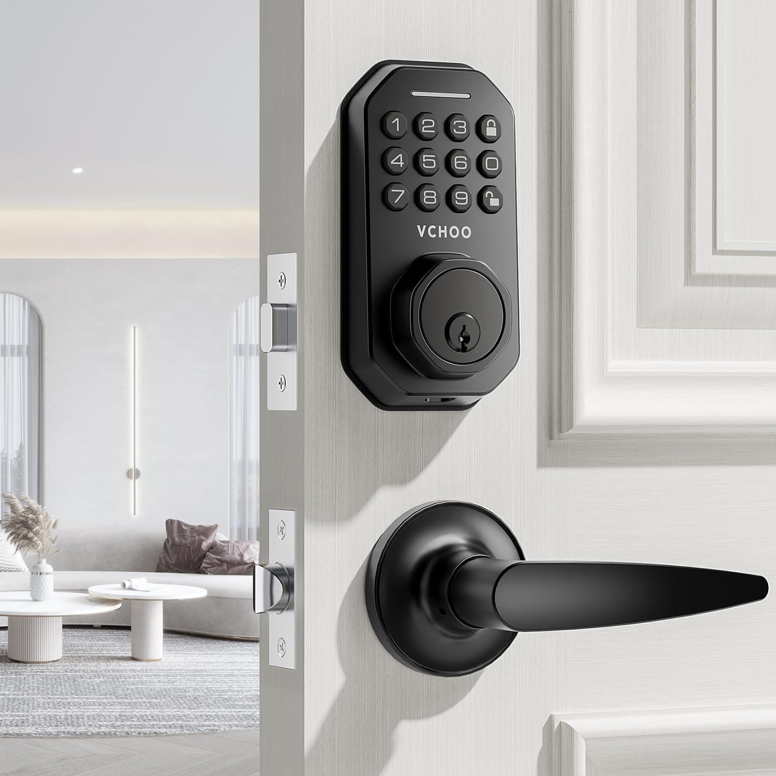 VCHOOKeyless Entry Door Lock Deadbolt with Handle Set Smart Locks for Front Door with Lever Handles Auto Locking, Anti-Peeping Password & Easy Installation for Homes Hotel Bedroom Doors IP54