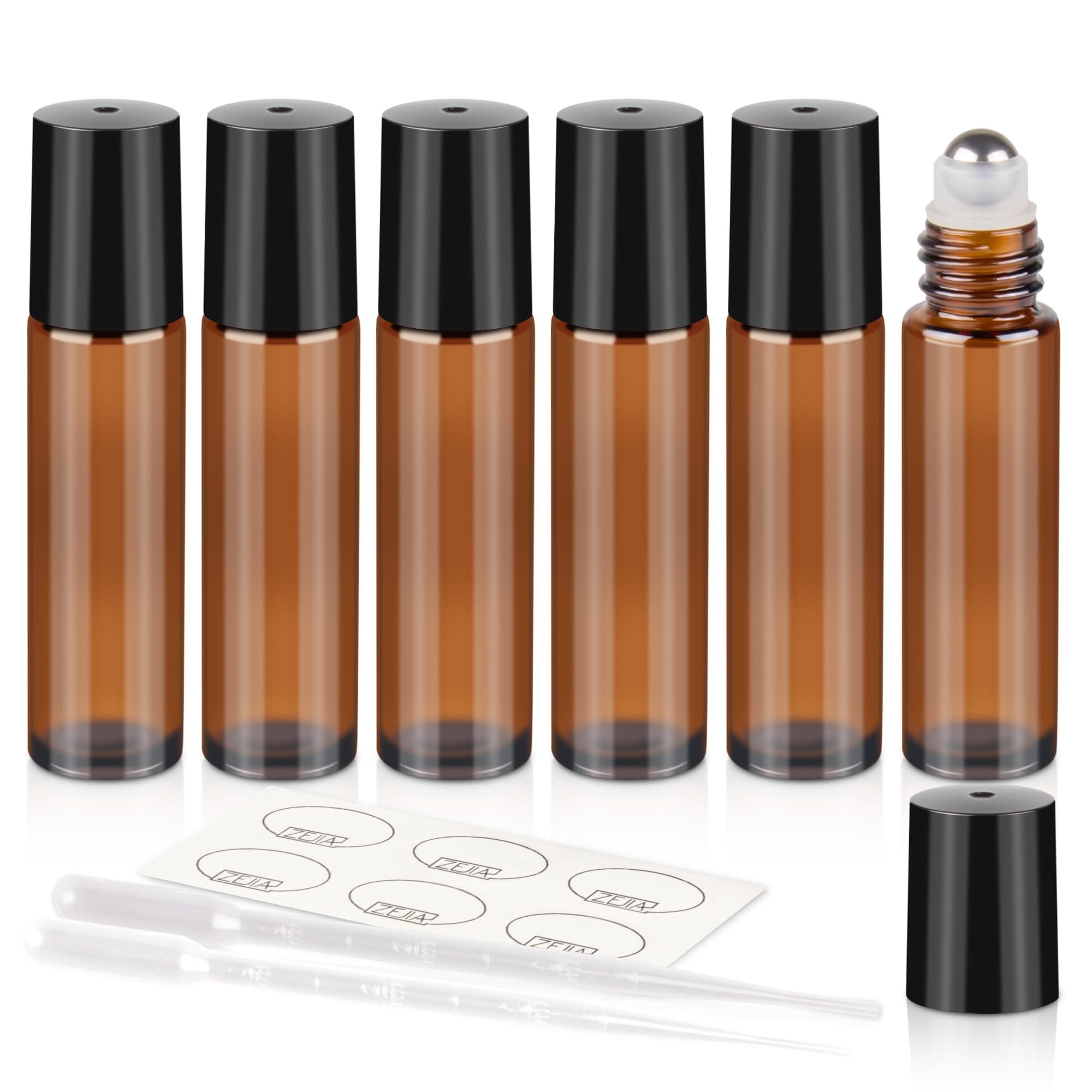10ml Roller Bottles 6Pack Amber Thick Glass Essential Oil Roller Bottles Stainless Steel Roller Ball with 2 Droppers