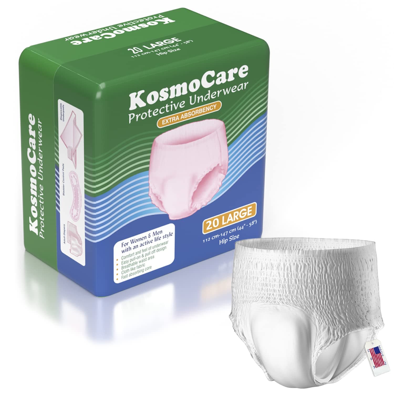 KosmoCare Protective Underwear |Pull Up Style| Pant Diaper for Large Incontinence with maximum absorbences | Odor Guard| Cloth Feel Outer Fabric| Breathable - Large | Waist Size 44" - 58" - Count 20p