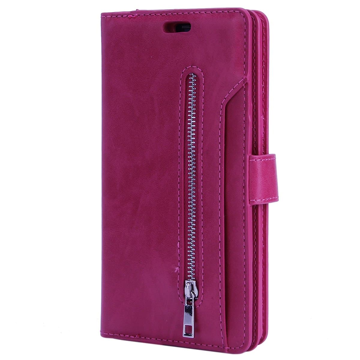 Galaxy Note 8 Zipper Leather Case, Samsung Note 8 Wallet Cover, Ekakashop Pure Color Premium Fashion Wallet Flip Case in PU Leather with 9 Card slots, Cash slot, Ultra Slim-fit Soft Silicone Rubber Full body Protective Shockproof Case Cover for Samsung Galaxy Note 8 with Ekakashop Kickstand (Color Random), Hot Pink