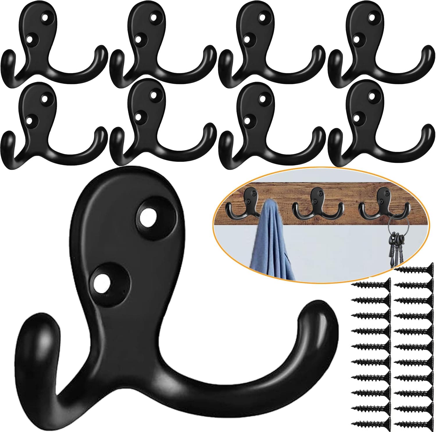 Coat Hooks Hardware, 10Pcs Wall Hooks Heavy Duty Hooks for Hanging Coats No Rust Double Robe Hook Wall Mounted for Key Towel Bags Cup Hat (Black)