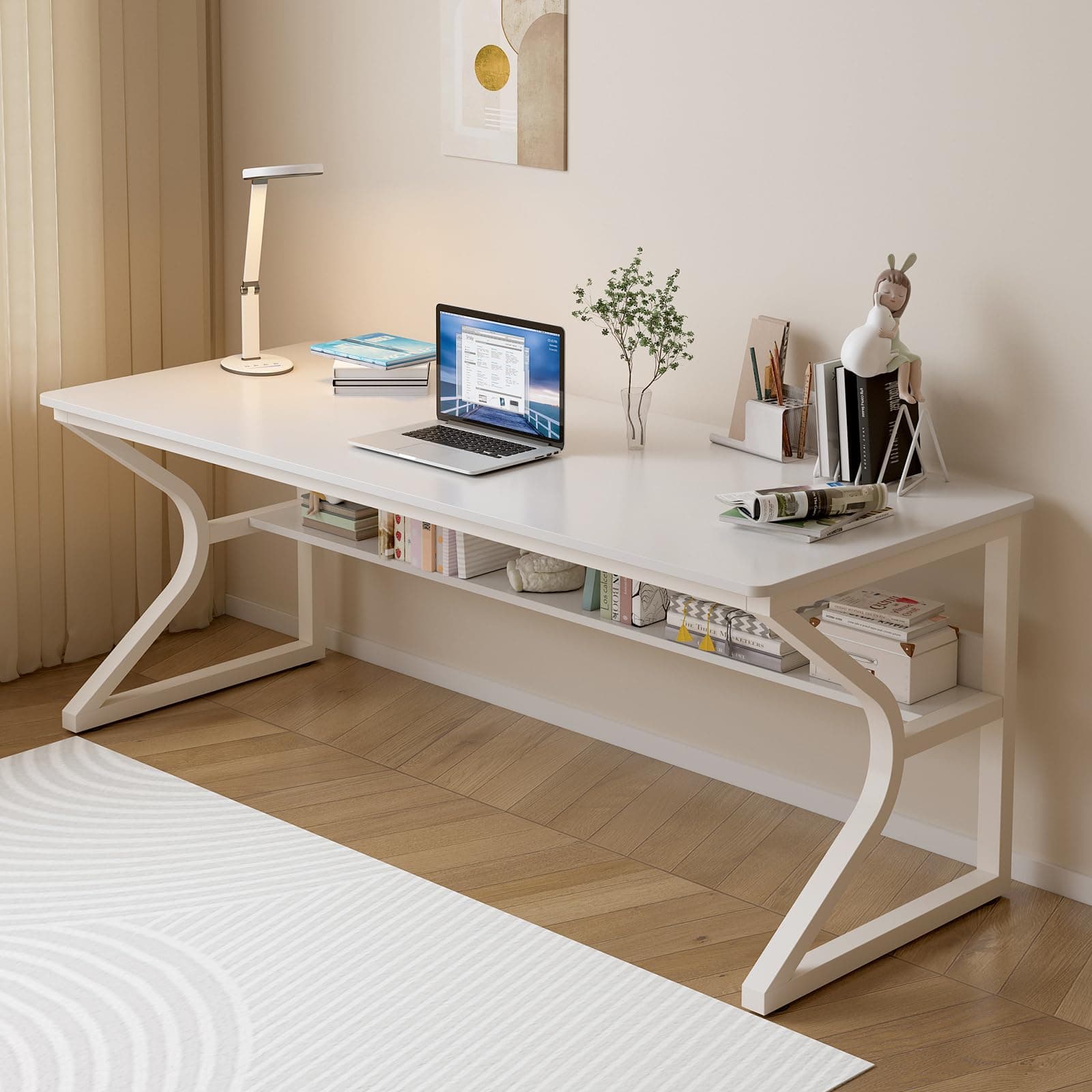 OSCHF Extra Long Desk with Bookshelf - 63" Double Long Writing Table for 2-Person Workstation, Modern Study Work Computer Desk for Home and Office, Warm White