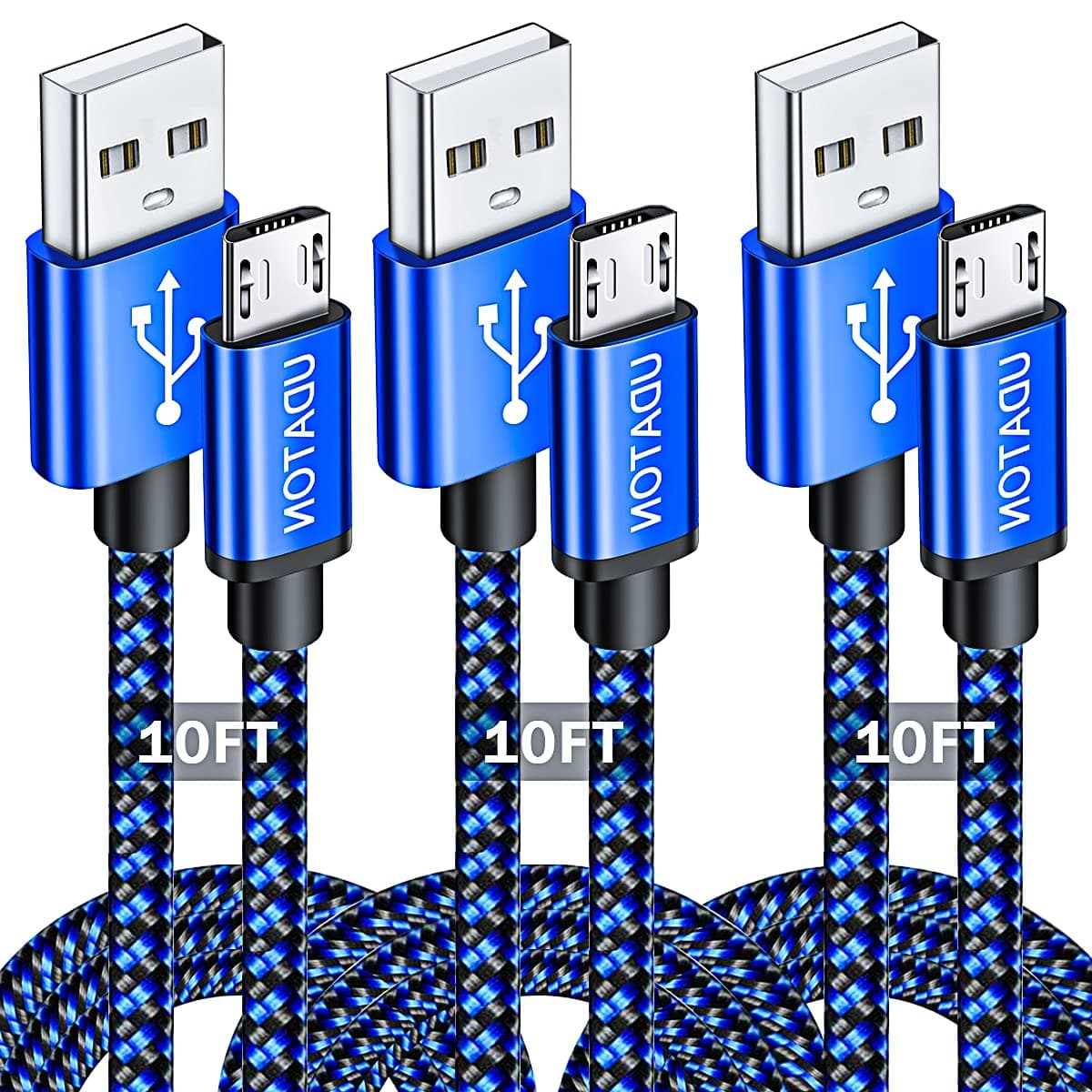 UDATON Micro USB Cable 10ft, Android Charger, USB Cable, 3Pack Extra Long Kindle Fire Charger, High Speed Nylon Braided Micro Fast Charging Cord for Samsung Galaxy S7 Kindle Fire 7 PS4 Xbox LG, Blue