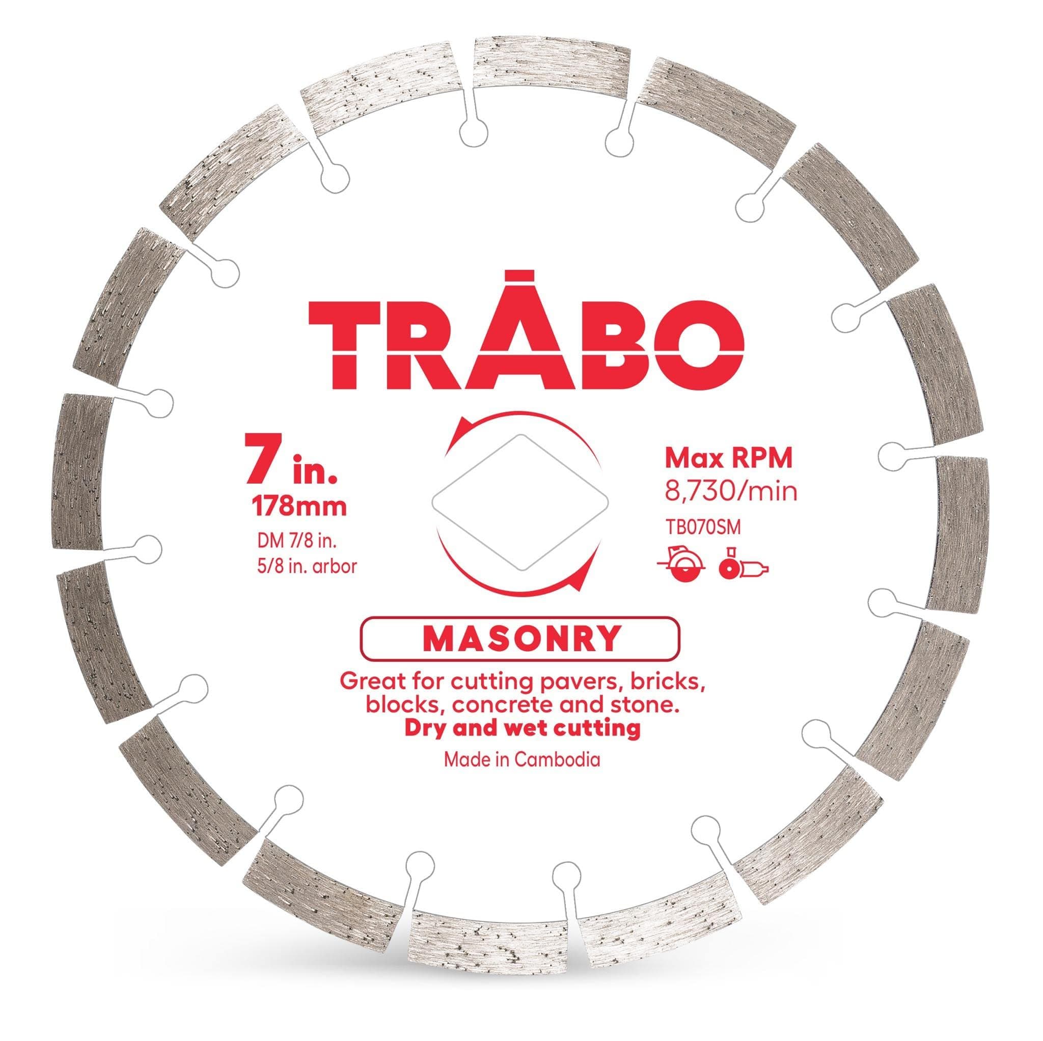 Trabo 7 Inch Masonry Segmented Rim Diamond Bond Blade for Cutting Cement, Pavers, Concrete with Rebar, Natural Stone and More, with 7/8 Inch Arbor with 5/8 Inch Reducer Ring