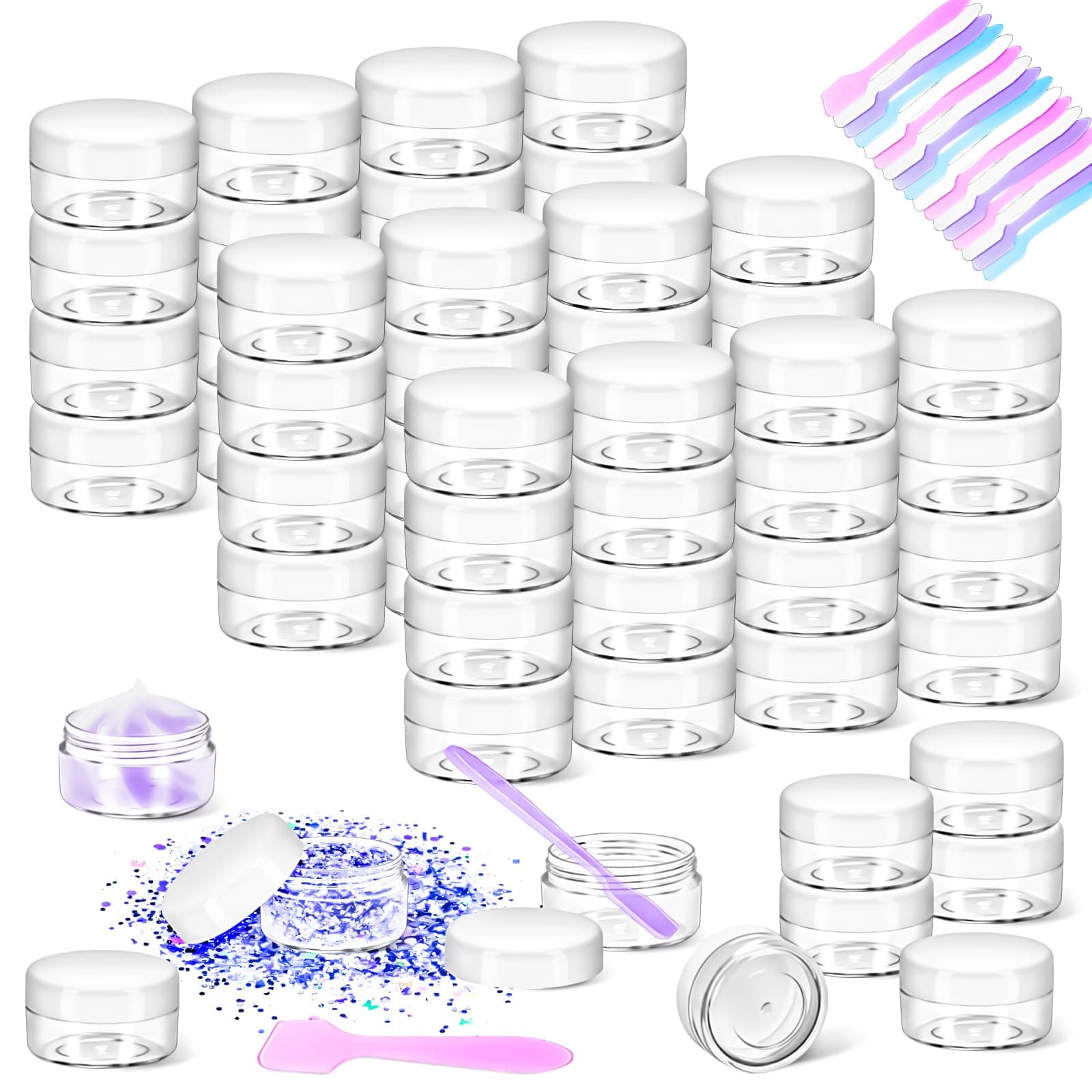 50 Pack 10g Plastic Jars with Lids, 10ml Round Clear Cosmetic Containers Makeup Jars, Travel Size Container Jar with 20 Spatulas for Sample Lotion Cream Eyeshadow Ointment Salve Balm Powder