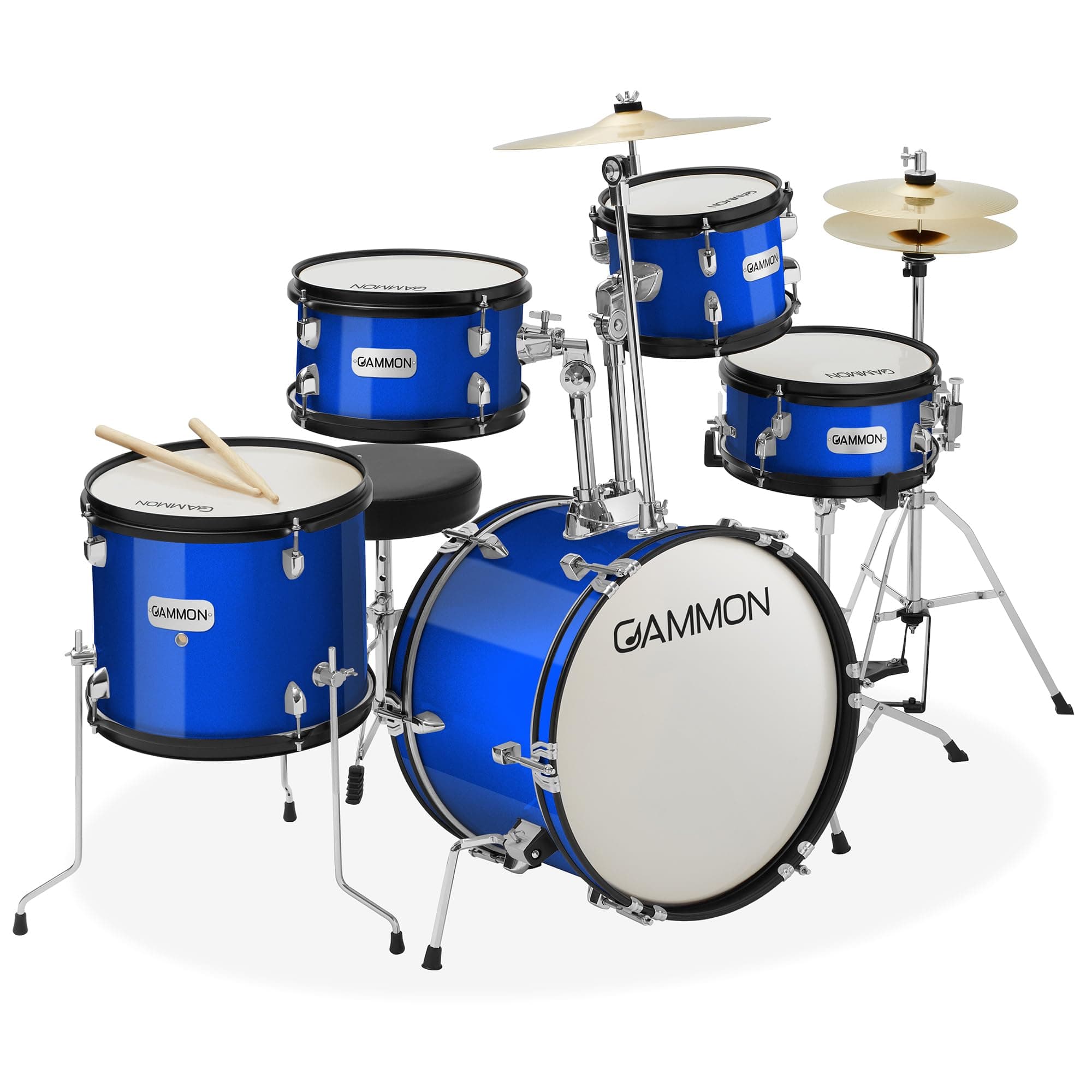 5-Piece Junior Starter Drum Kit with Cymbals, Hardware, Sticks, & Throne - Blue
