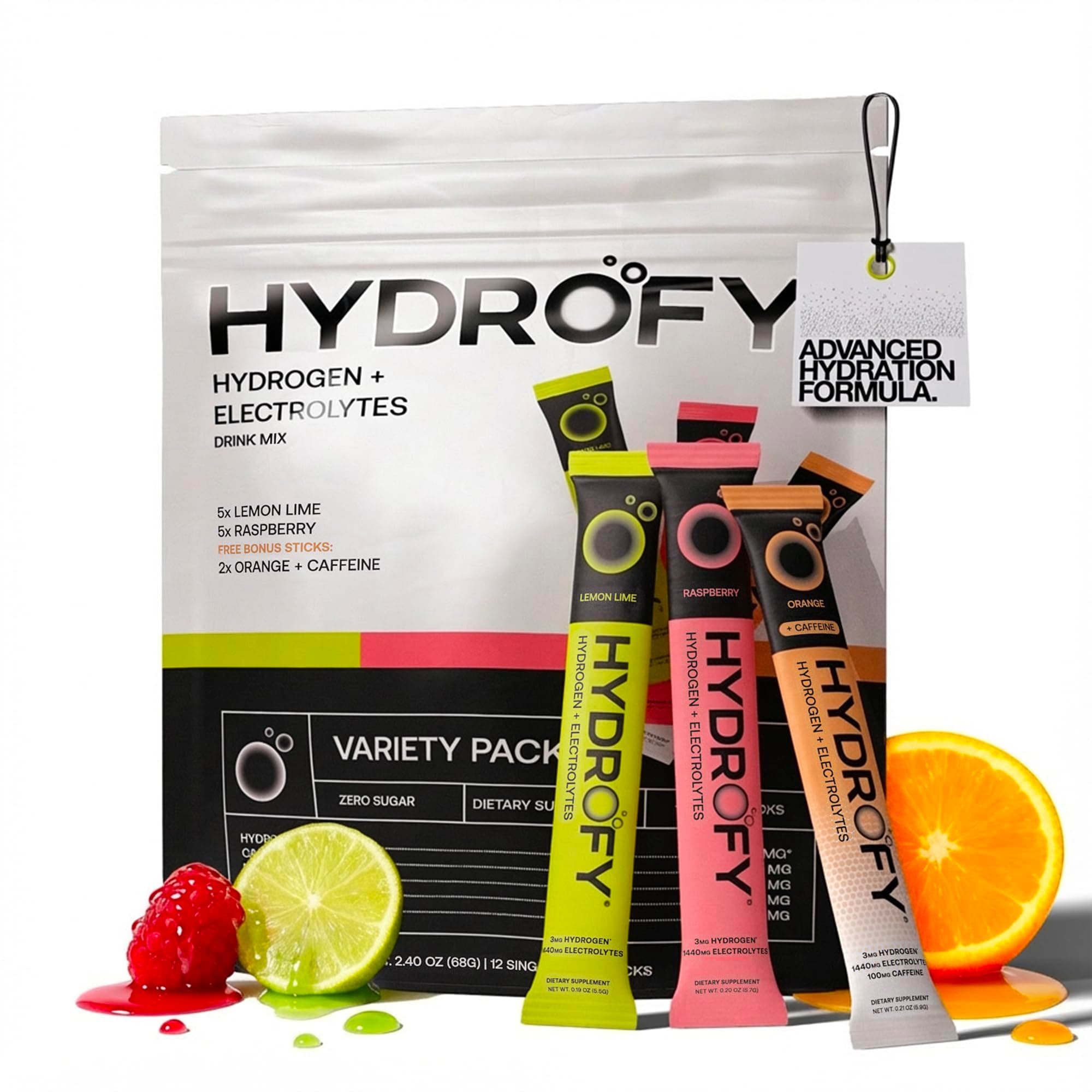 - Hydrogen Water + Electrolytes Drink Mix - Variety Pack | H2 Hydration Packets with Molecular Hydrogen, Sodium, Potassium, Magnesium | Lemon Lime, Raspberry, Orange + Caffeine | 12 Count