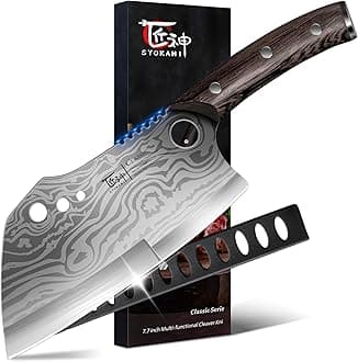 SYOKAMI Meat Cleaver Chef Knife with Sheath, 7.7 Inch Butcher Knife with Herb Stripper, Chopping Knife Heavy Duty Bone Cutting, Damascus Pattern Full Tang Wood Handle, Birthday Gift for Men
