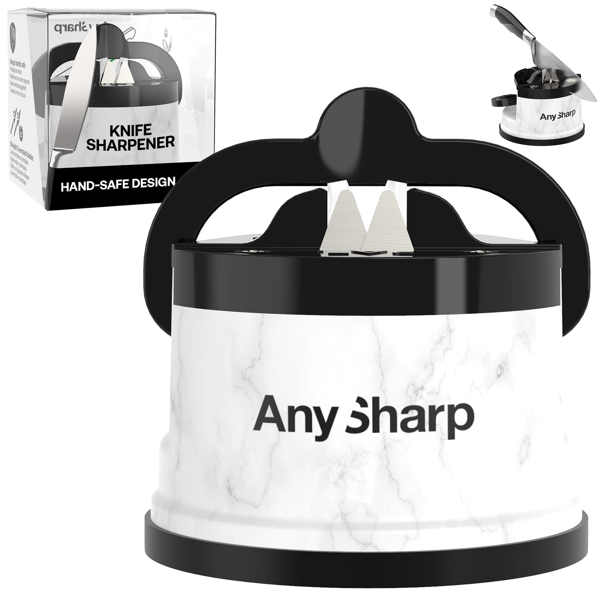 Editions – Hands Free Knife Sharpener - Easy to Use Sharpening Tool w/PowerGrip Suction Base and 20-Degree Pre-Set Angle - for All Knives: Chef's, Serrated, Hardened Steel - White Marble