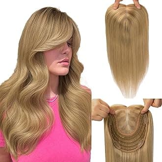Hair Toppers for Women Real Human Hair 6x7inch 65g Toppers for Women with Thinning 14inch Balayage Ash Brown To Golden Blonde 360°3D Cover Gray Roots Add Volume (#10/27/27Toppers-14inch)