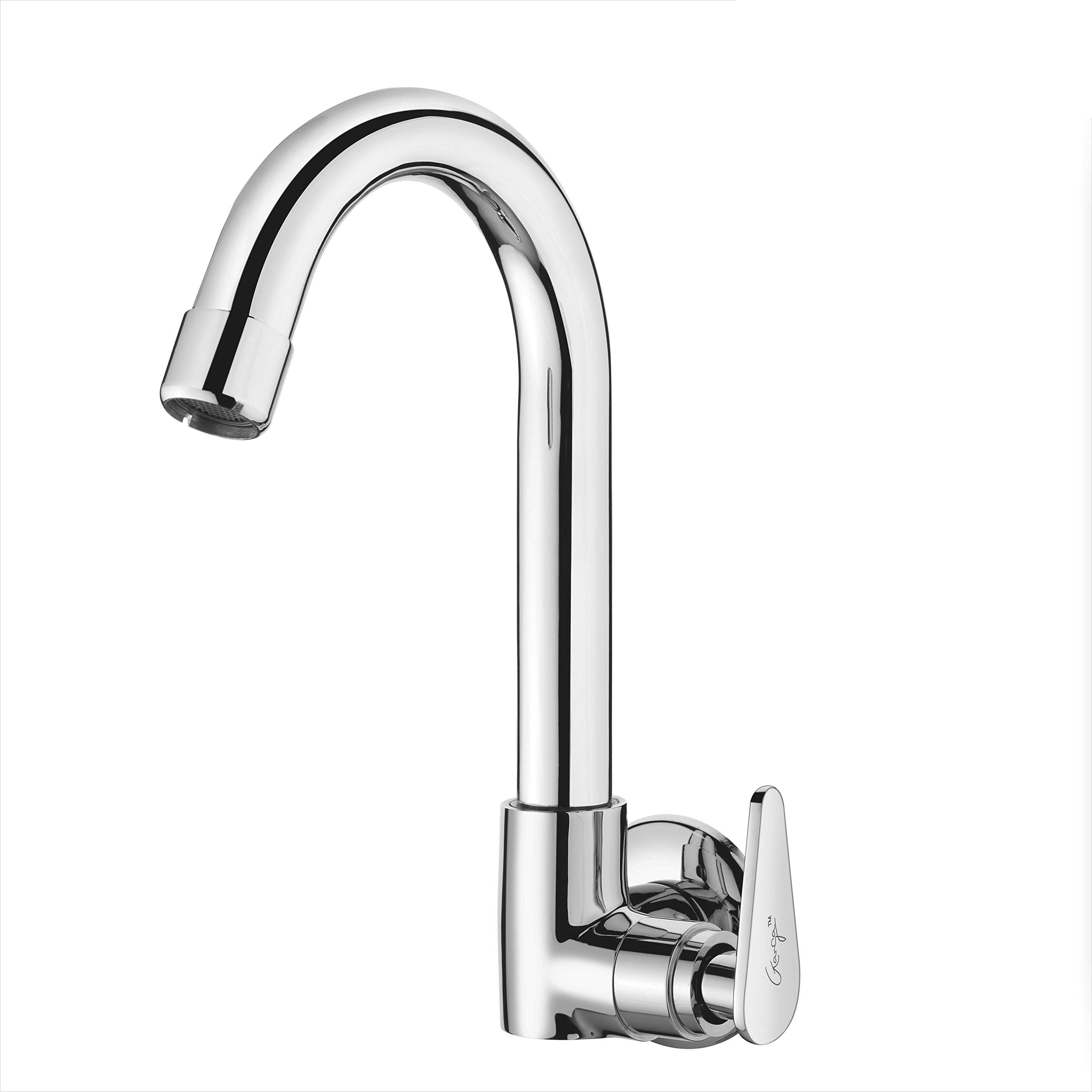 GANGA Rush Sink Cock Right Handle Model wall mounted with Regular Swing With Foam Flow & Wall Flange (Brass Chrome Finish)