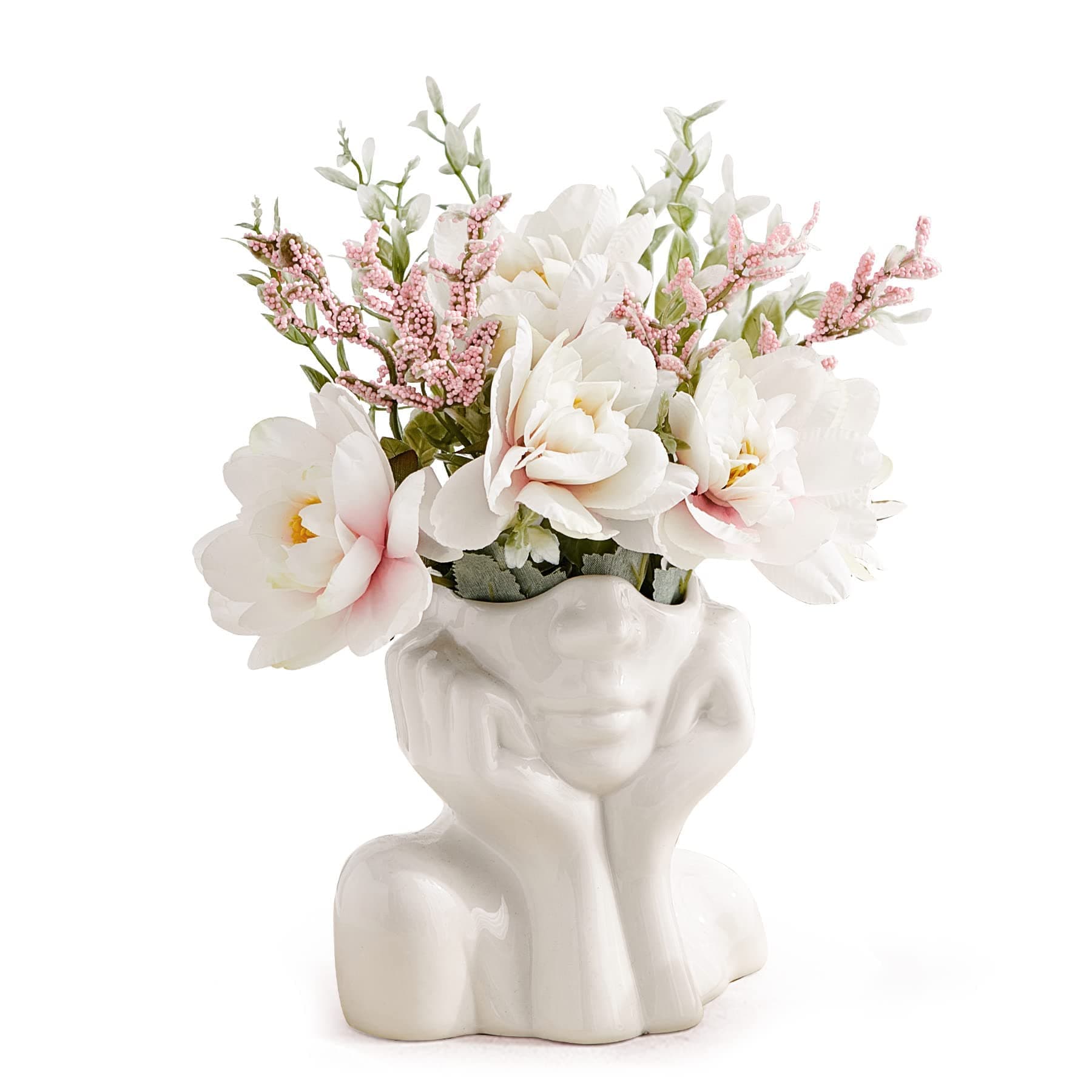 Octdays Ceramic Face Vase, Lady Form Head Half Body Bust Vases, White Ceramic Vase, Modern Nordic Style Flower Vase for Table Shelf Living Room Office Decor-C